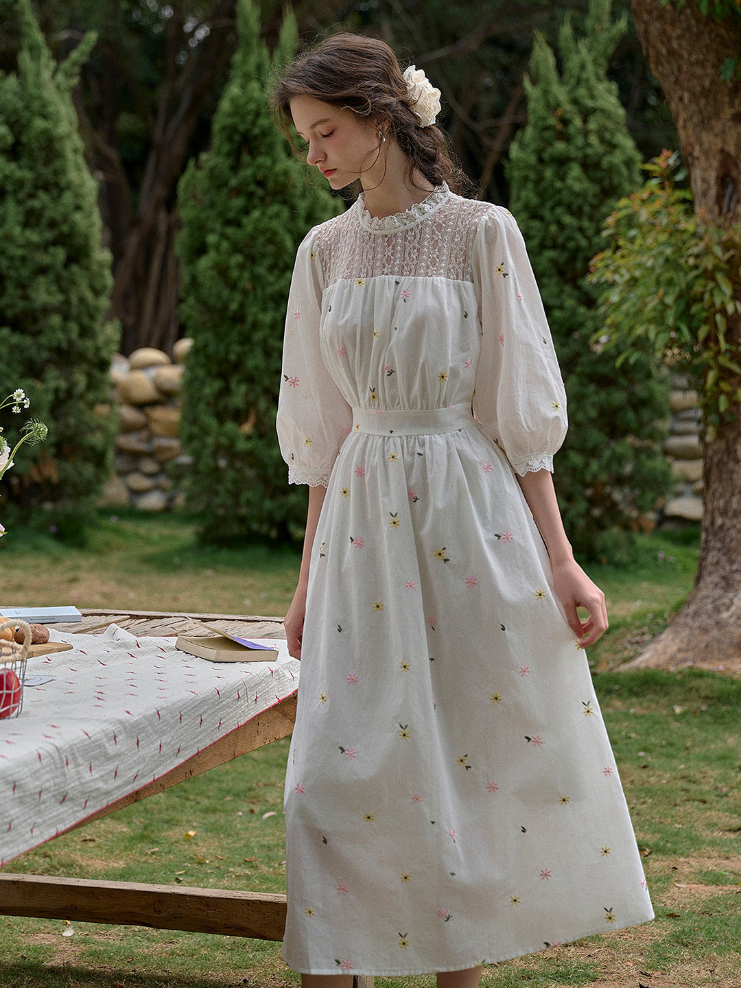 【Final Sale】Lennox Ruffle Neck 100% Cotton Dress - Blue