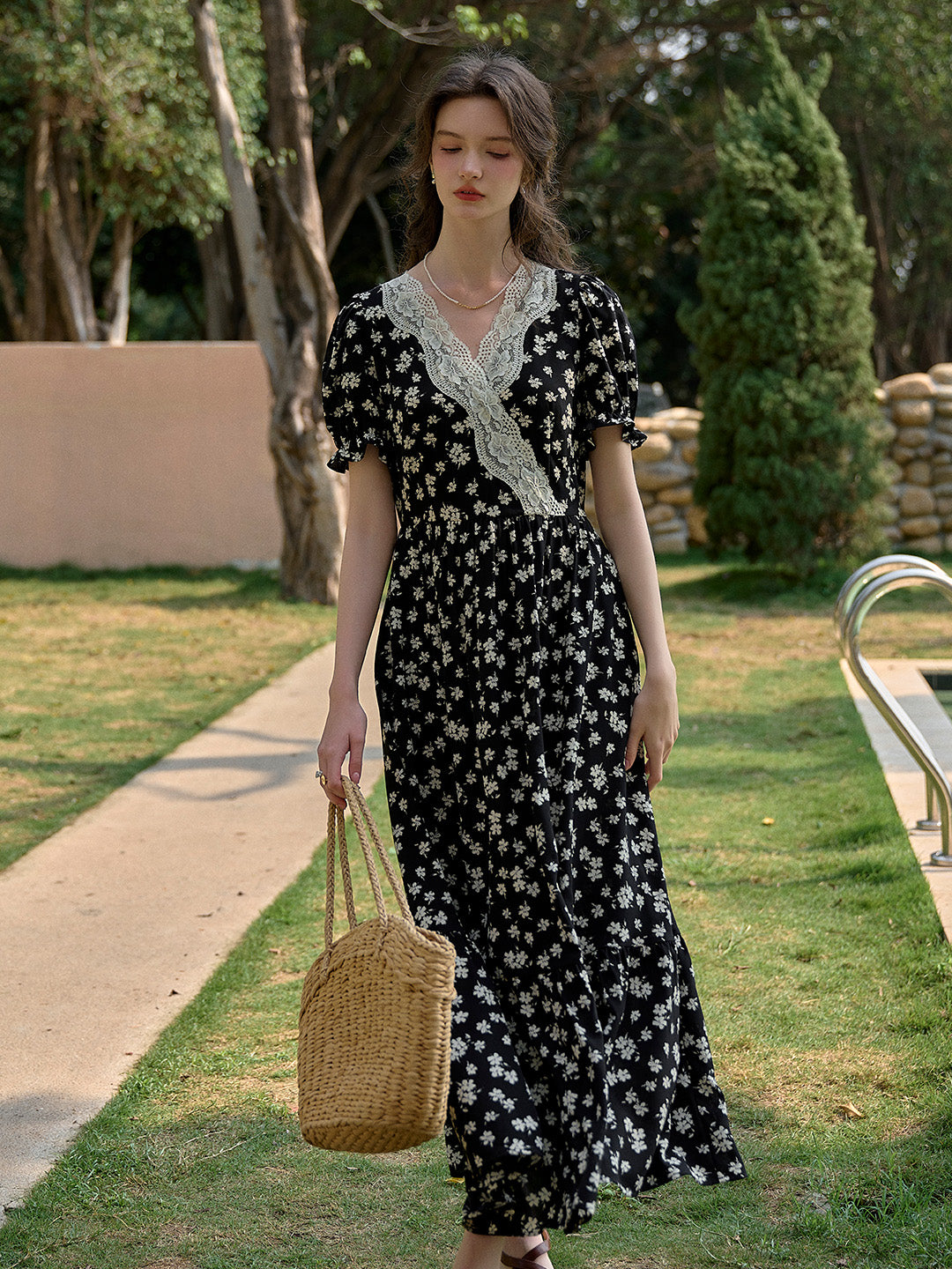 Lilith Ruffle V-Neck Lace Floral Dress