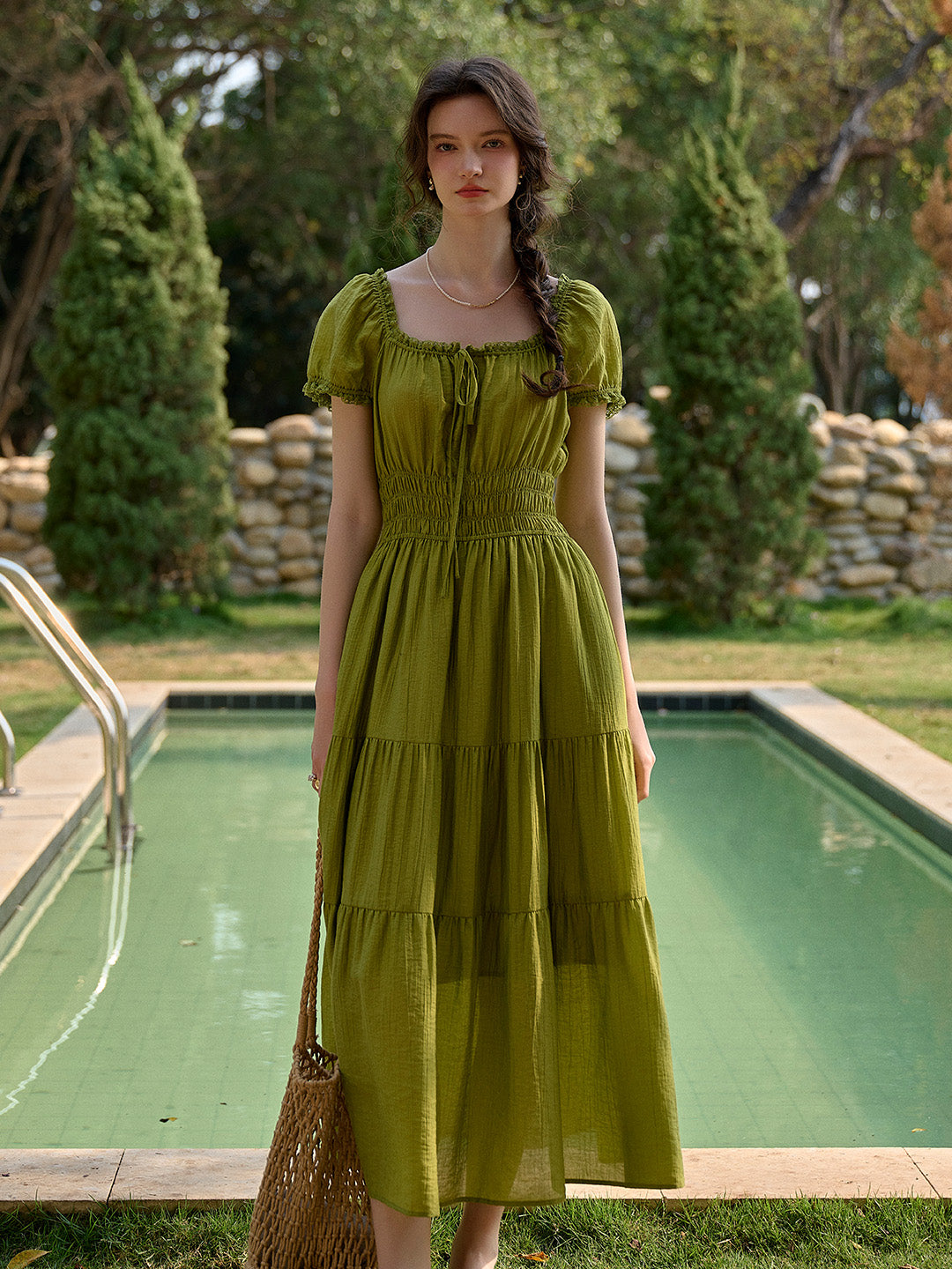Dakota Round Neck Pleated Puff Sleeves Lyocell Dress