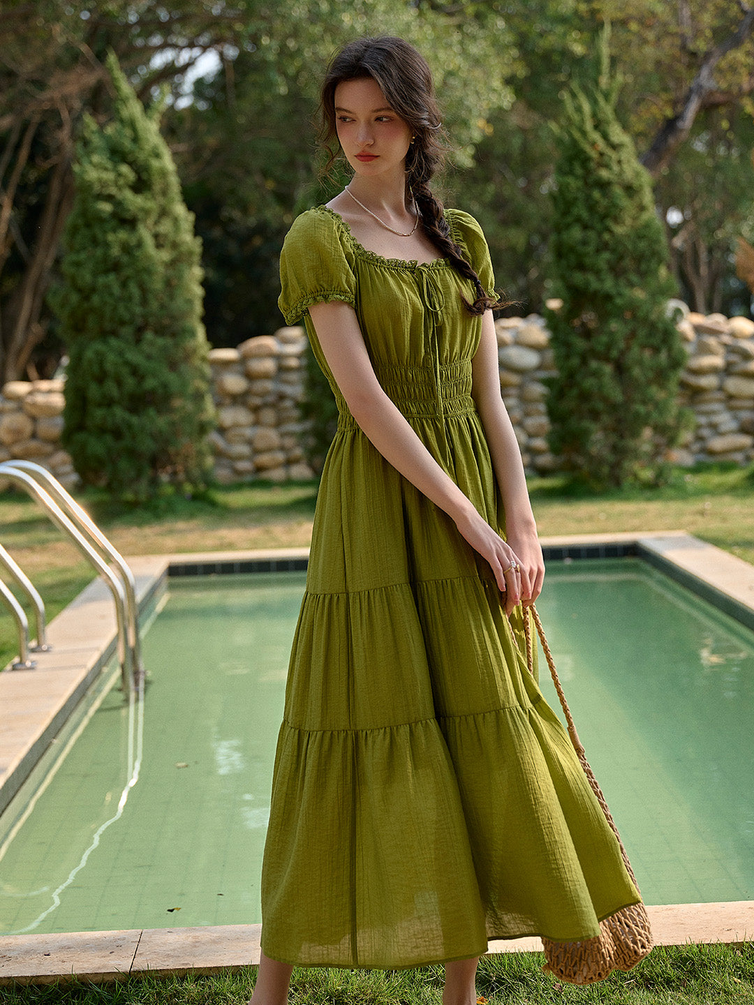 Dakota Round Neck Pleated Puff Sleeves Lyocell Dress