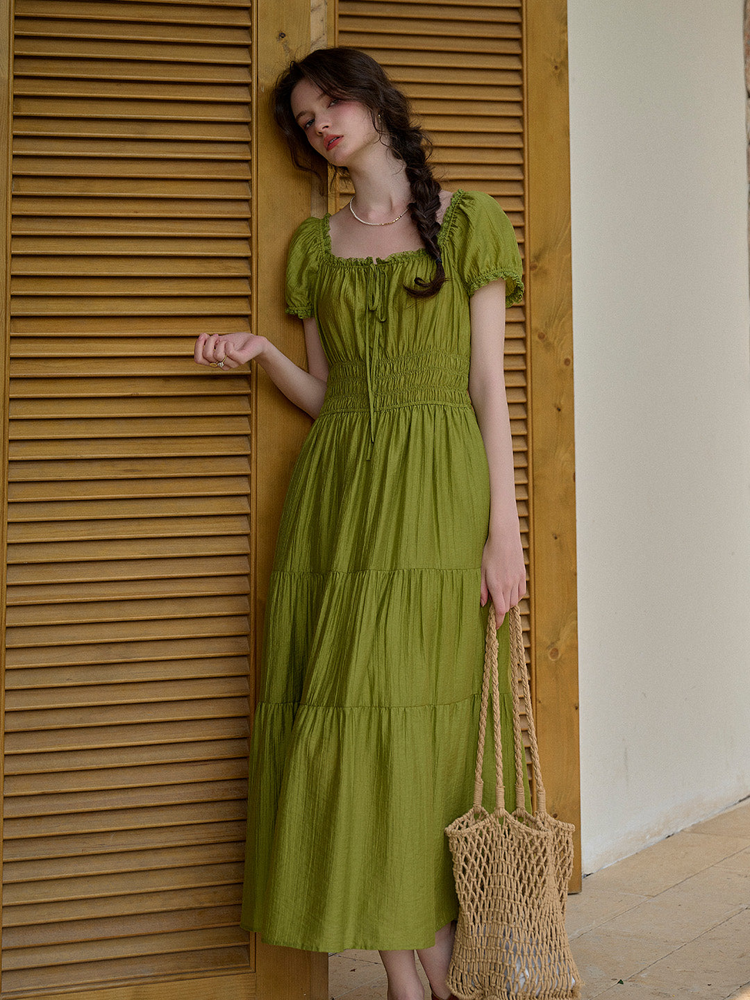 Dakota Round Neck Pleated Puff Sleeves Lyocell Dress