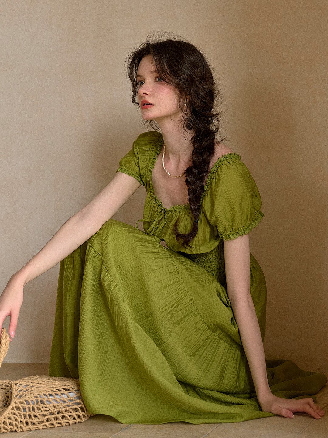 Dakota Round Neck Pleated Puff Sleeves Lyocell Dress