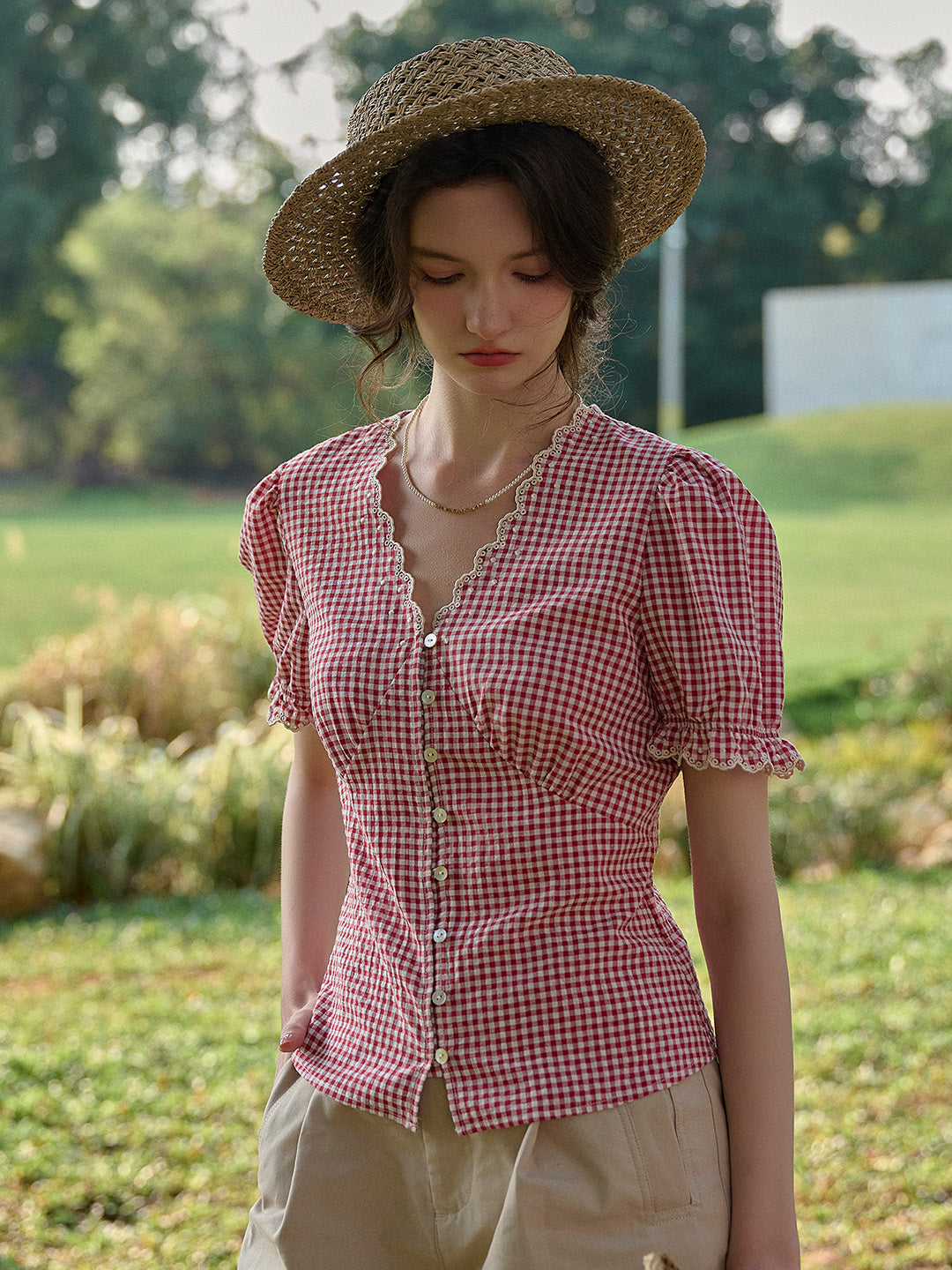 Verity V-Neck Plaid Blouse
