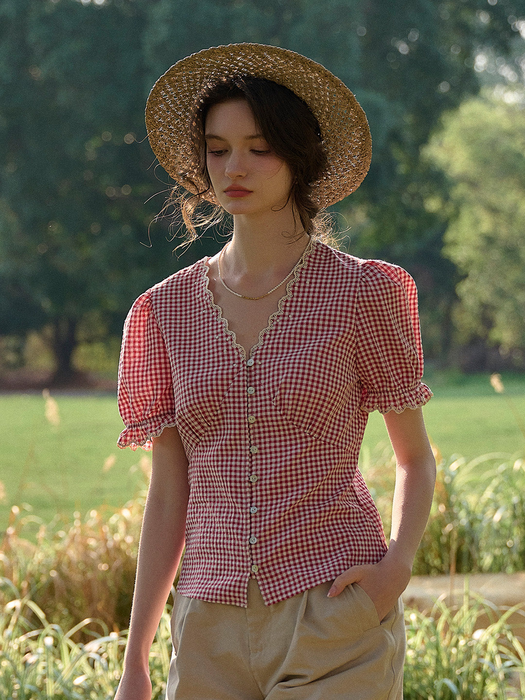 Verity V-Neck Plaid Blouse