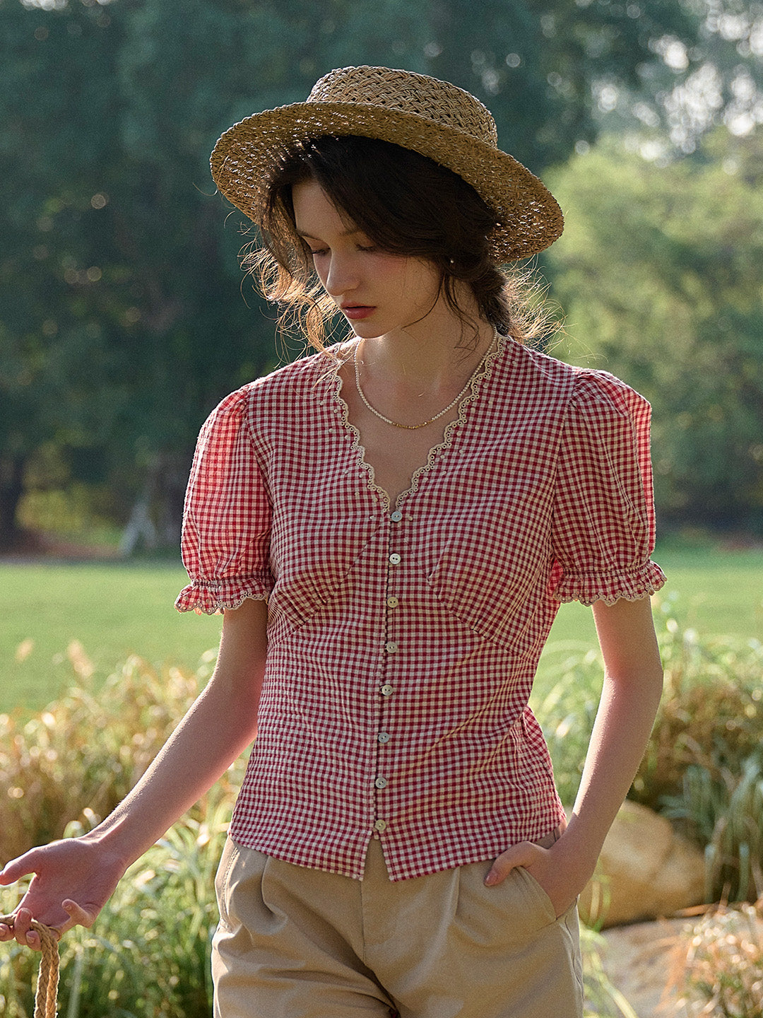 Verity V-Neck Plaid Blouse