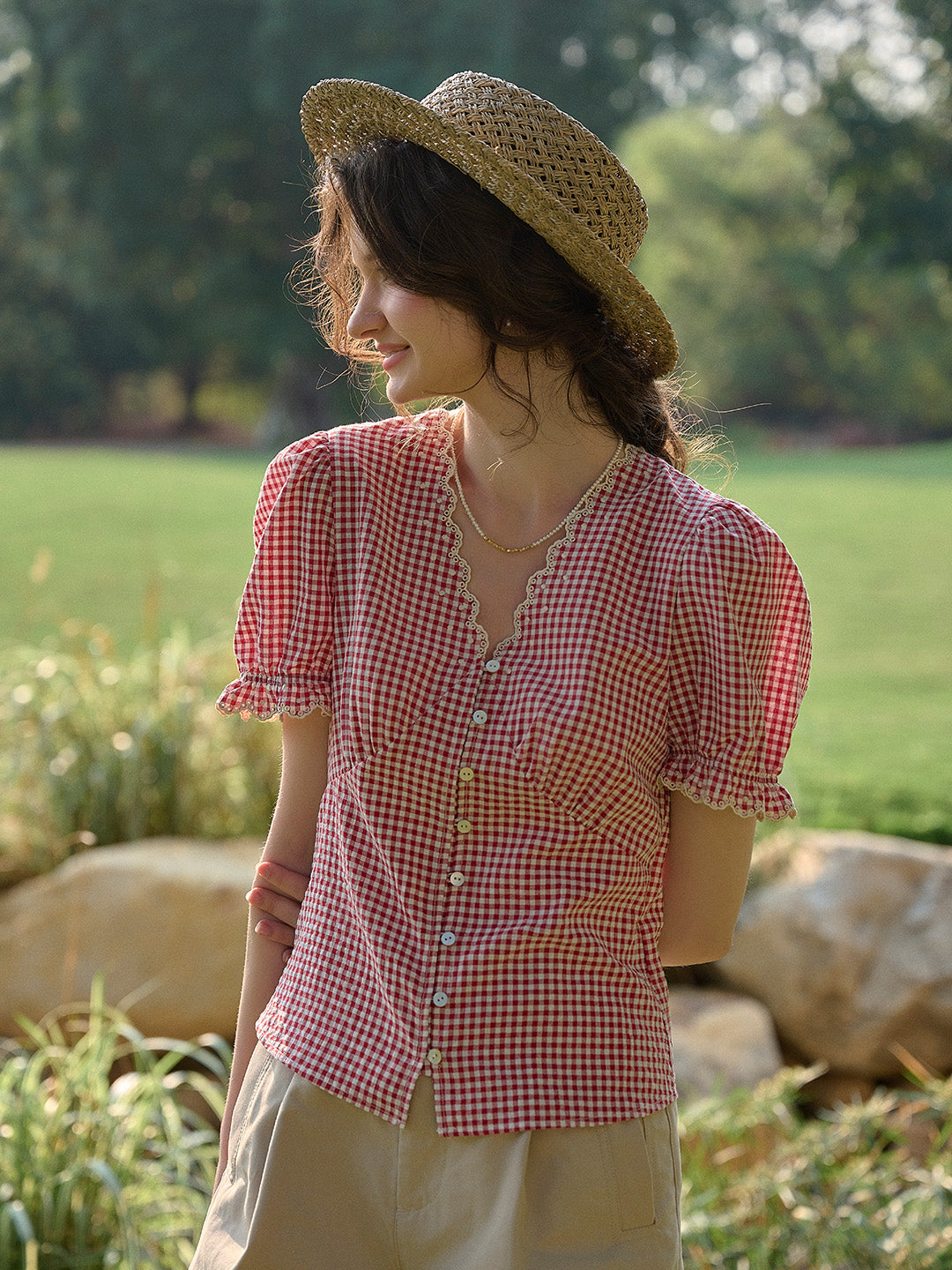 Verity V-Neck Plaid Blouse