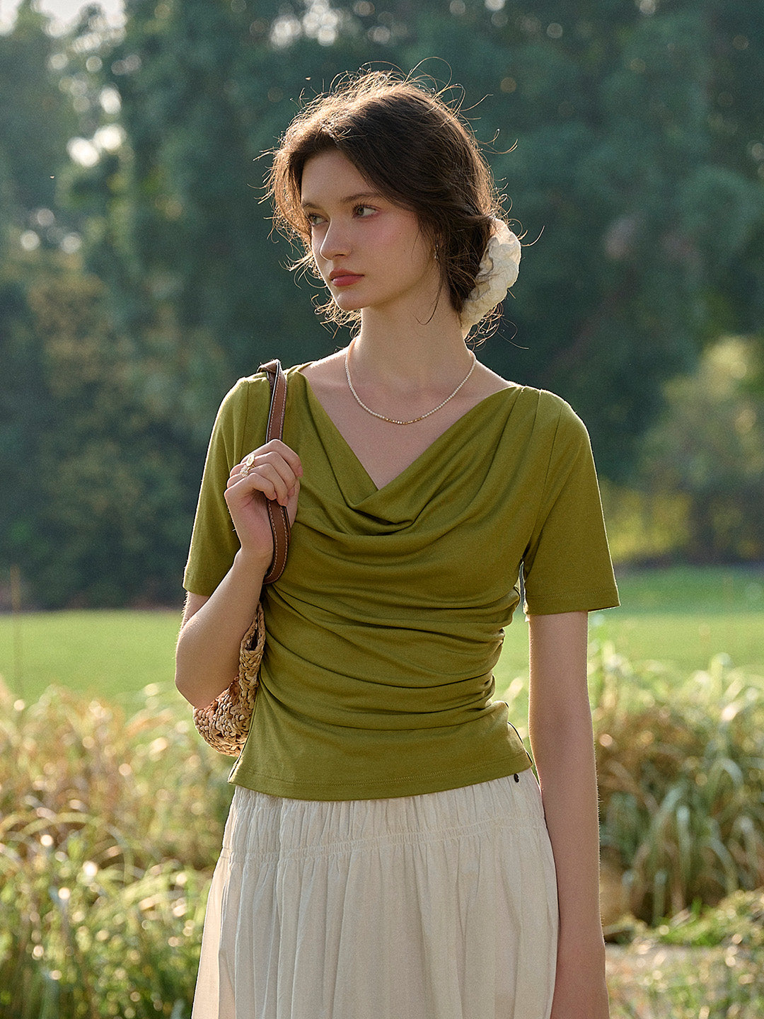 Blair Cowl Neck Waist Blouse - Green