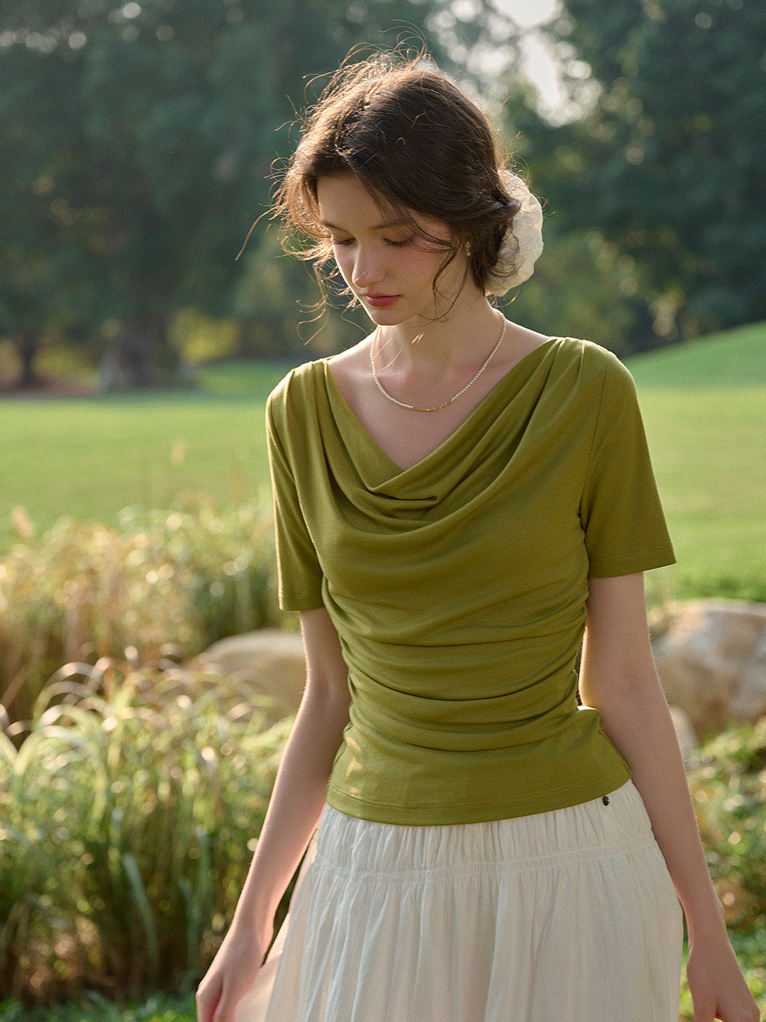 Blair Cowl Neck Waist Blouse - Apricot
