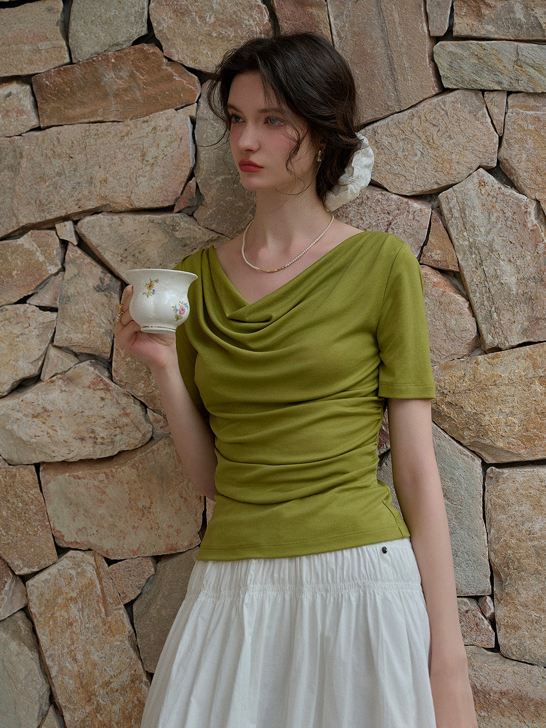 Blair Cowl Neck Waist Blouse - Apricot