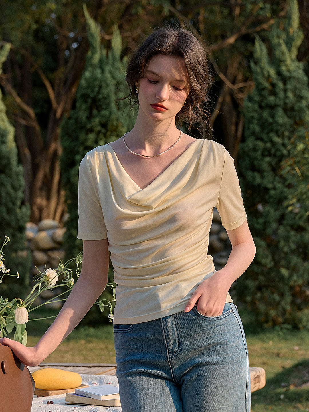 Blair Cowl Neck Waist Blouse - Apricot