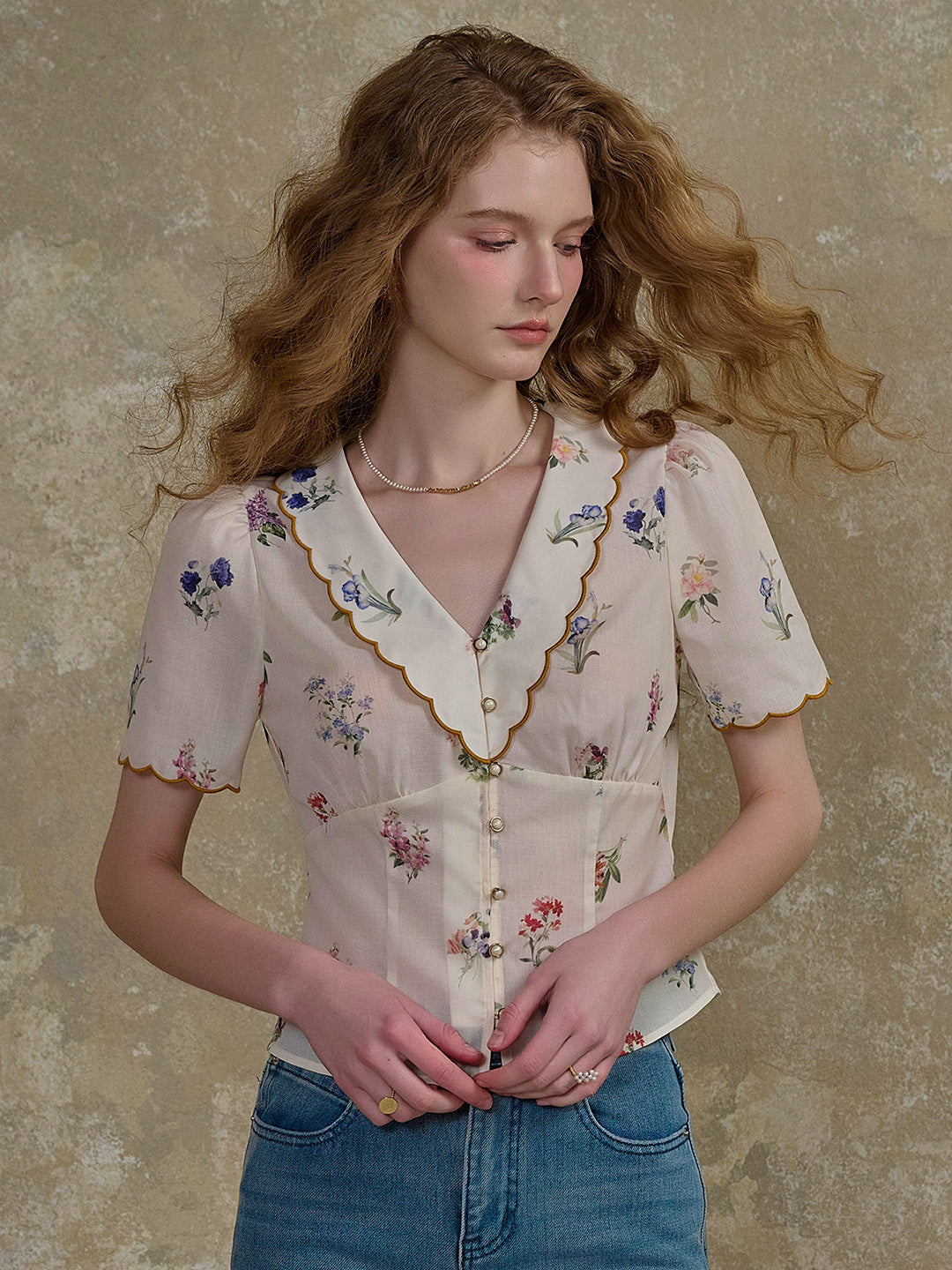 Shawl Detail V-Neck Woven Blouse