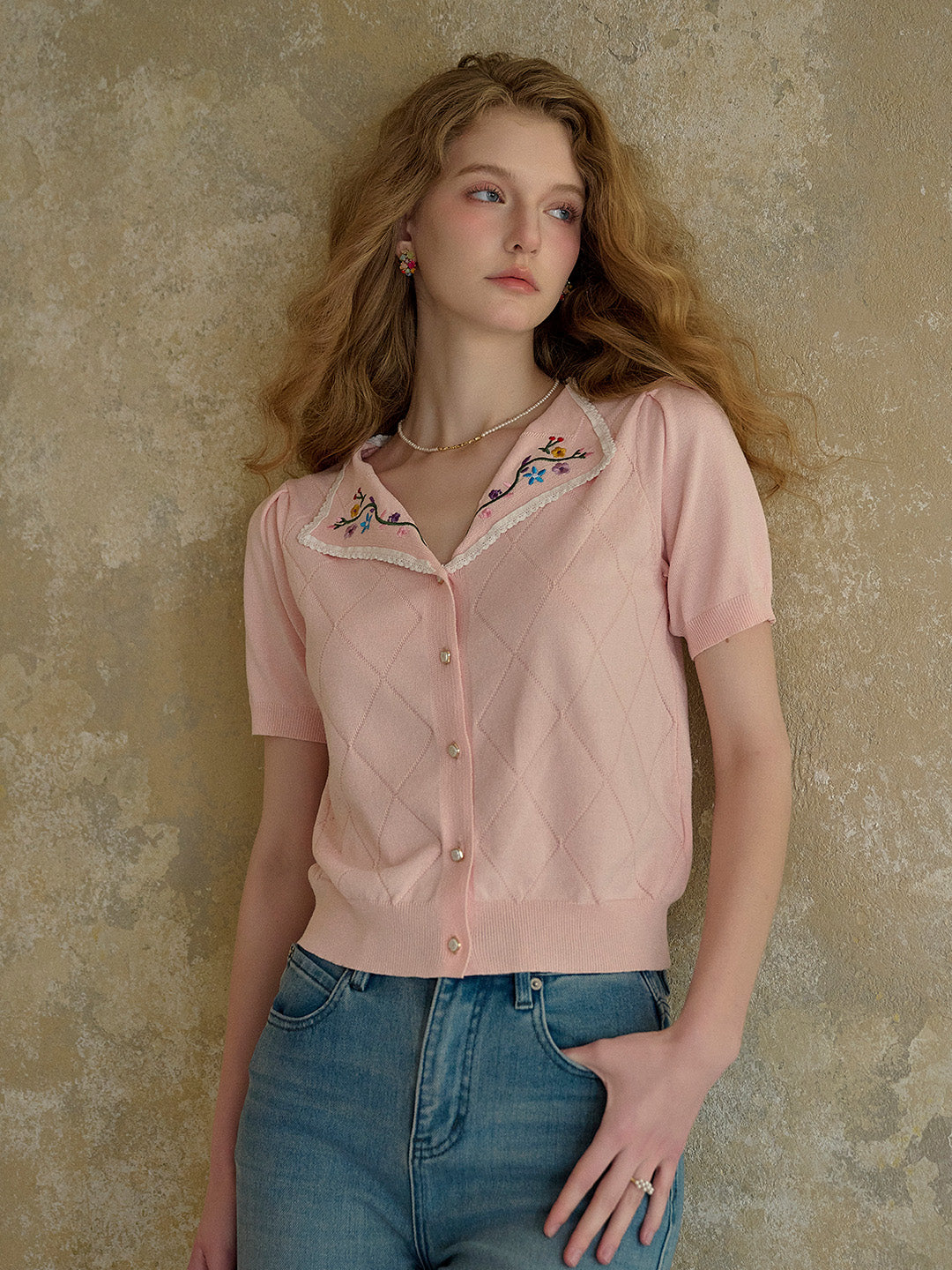 【Final Sale】Anneliese V-Neck Embroidery Knit Blouse