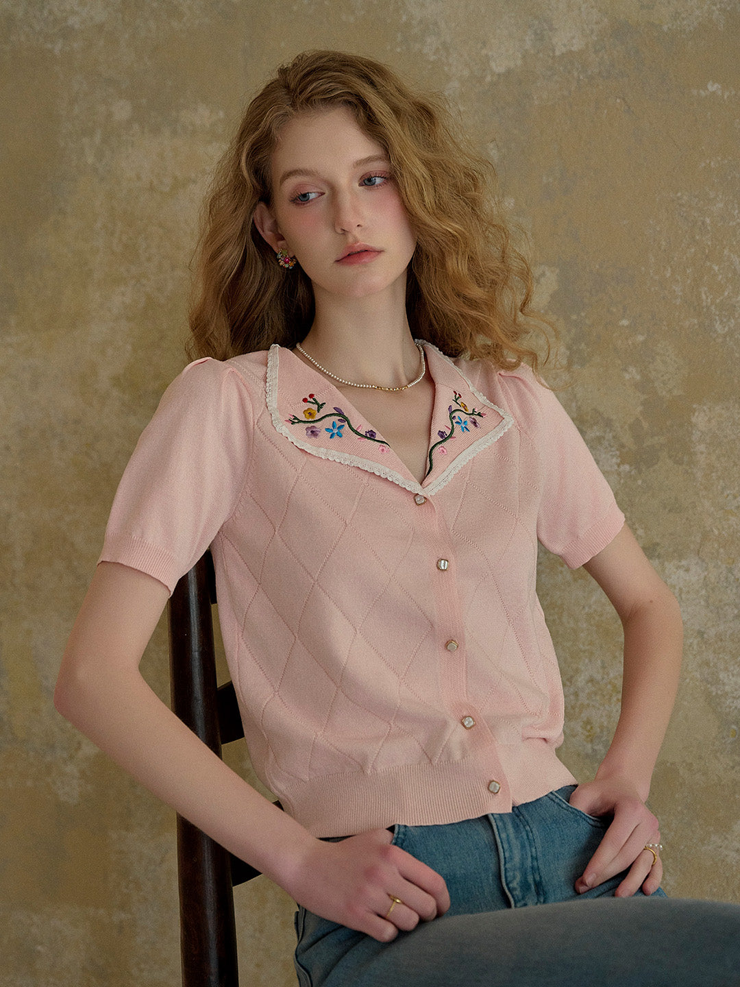 【Final Sale】Anneliese V-Neck Embroidery Knit Blouse
