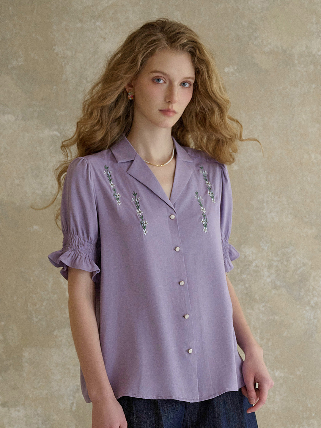 【Final Sale】Wisteria V-Neck Embroidery Blouse - Purple