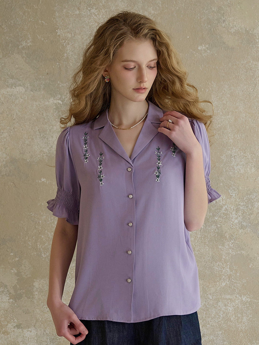 【Final Sale】Wisteria V-Neck Embroidery Blouse - Purple