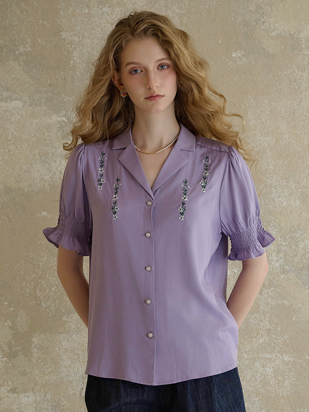 【Final Sale】Wisteria V-Neck Embroidery Blouse - Purple