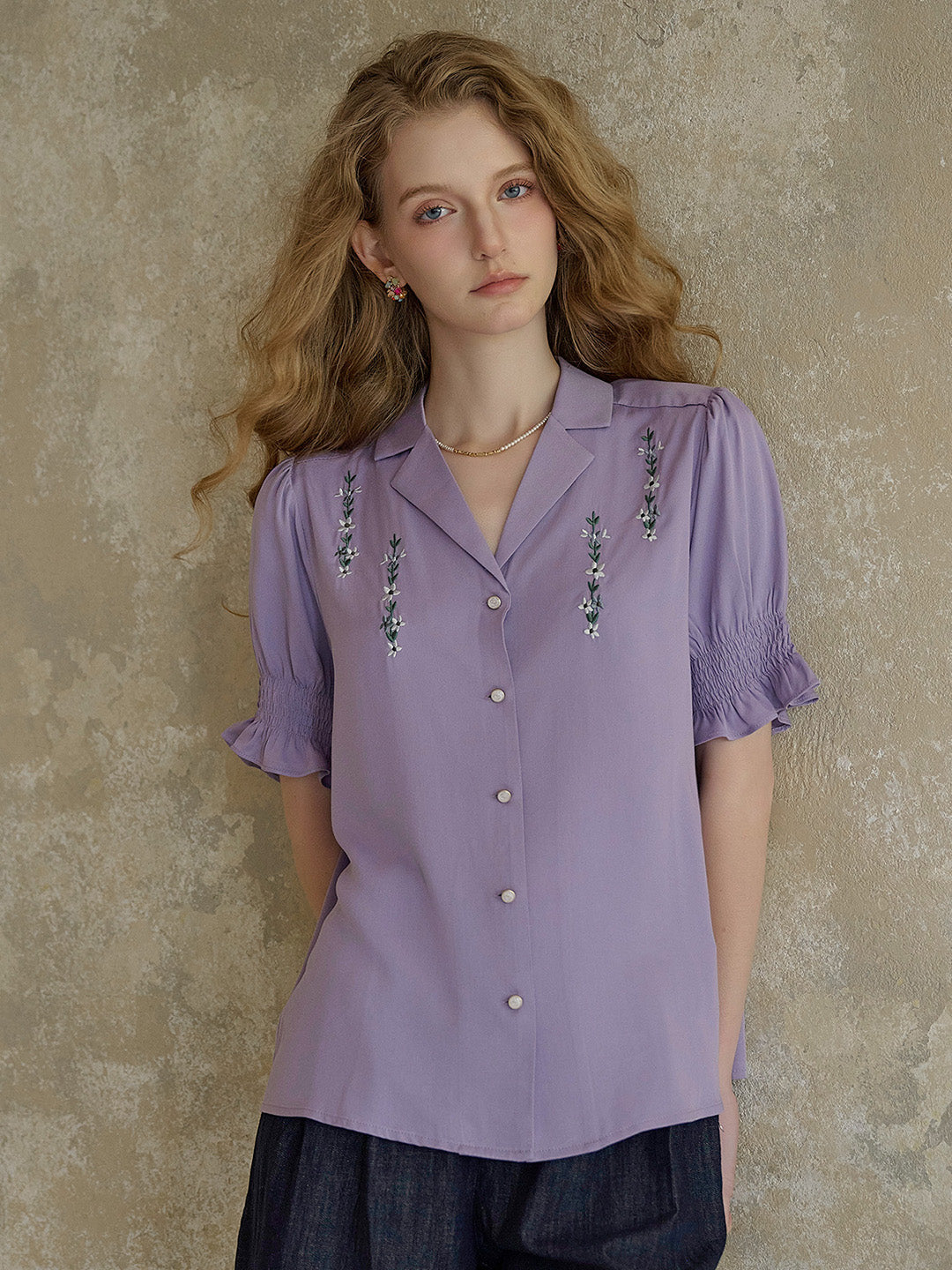 【Final Sale】Wisteria V-Neck Embroidery Blouse - Purple
