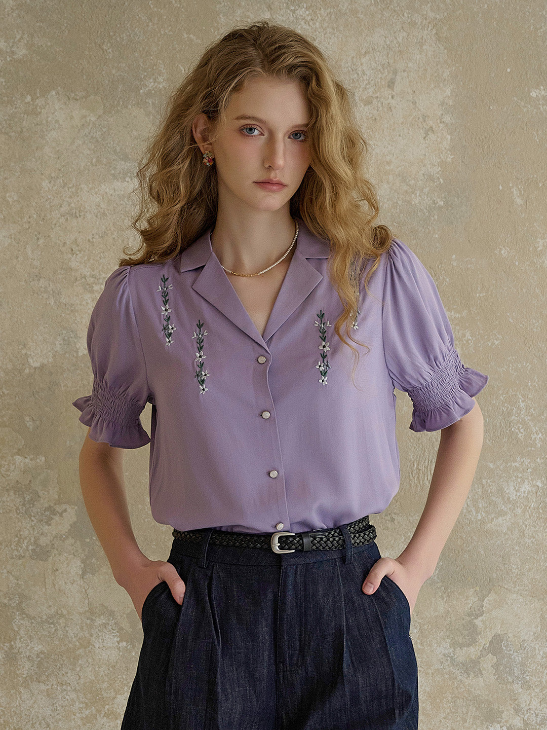 【Final Sale】Wisteria V-Neck Embroidery Blouse - Purple