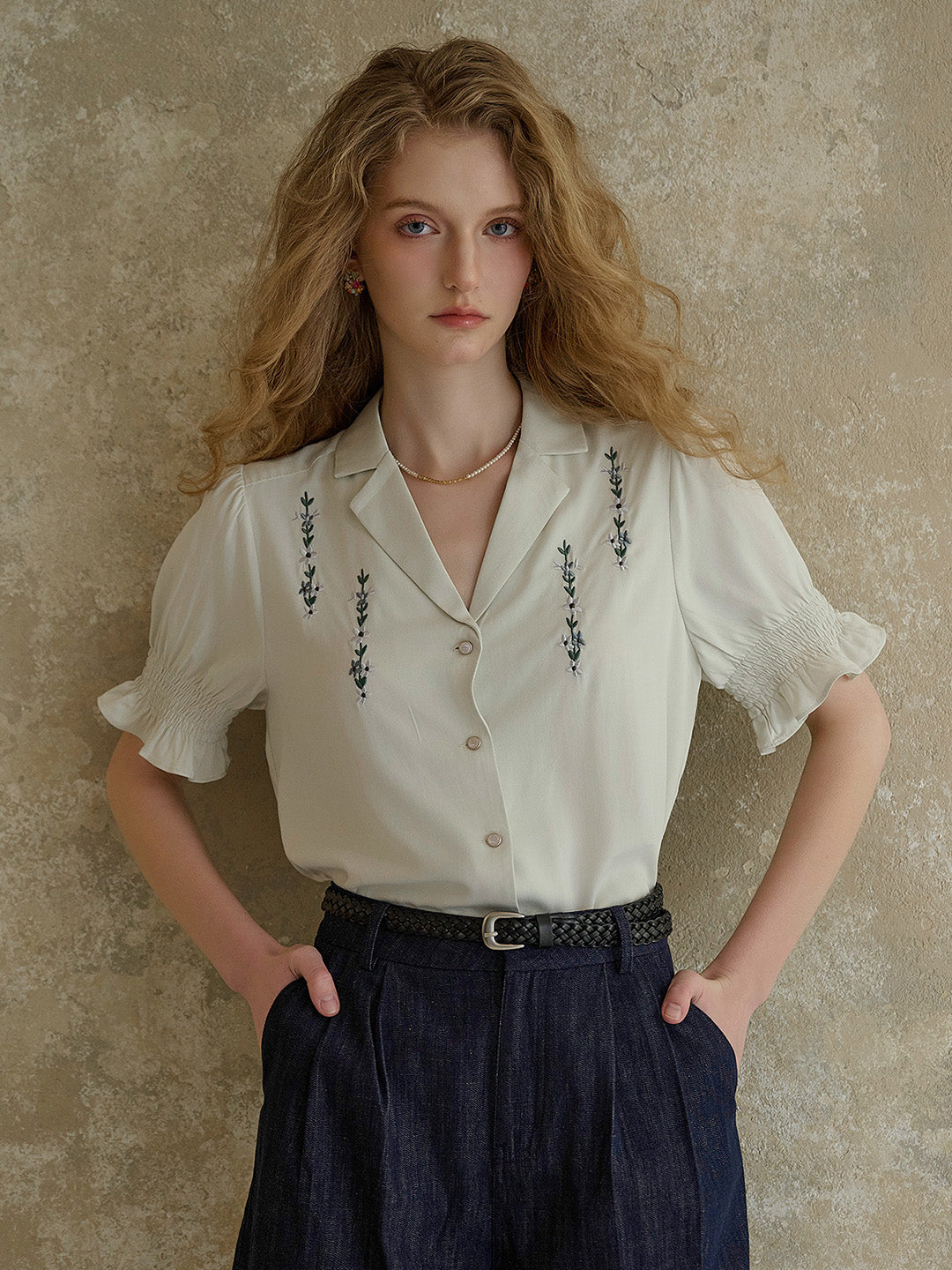【Final Sale】Wisteria V-Neck Embroidery Blouse - Purple