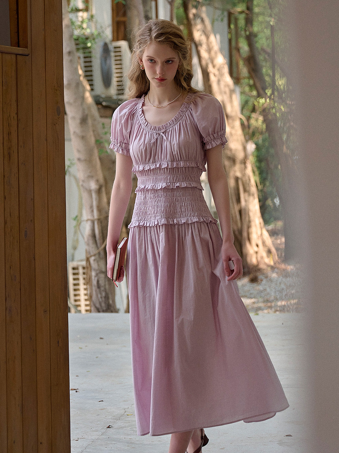 Elowen Round Neck Pleated 100% Cotton Dress - Blue