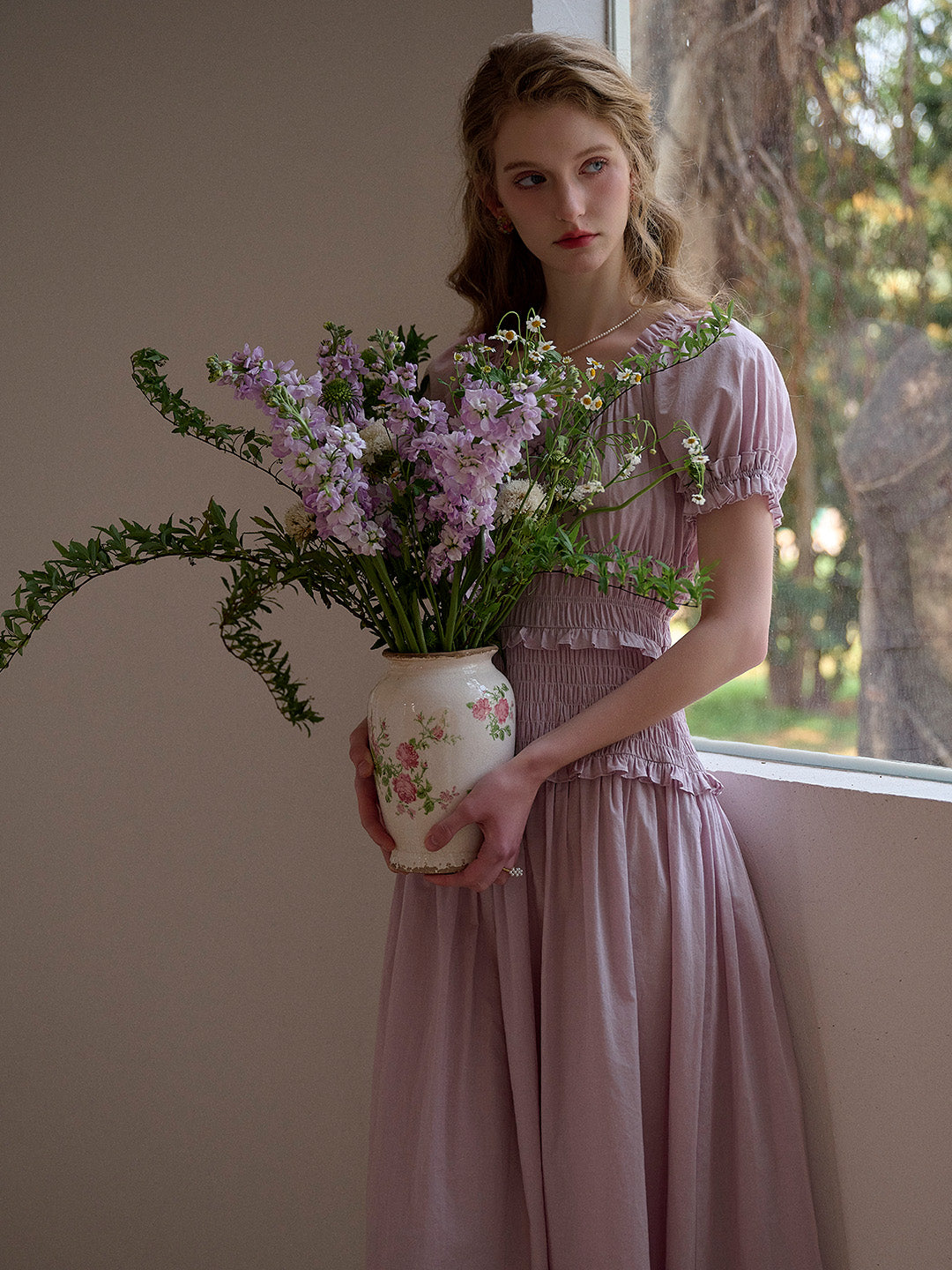 Elowen Round Neck Pleated 100% Cotton Dress - Purple