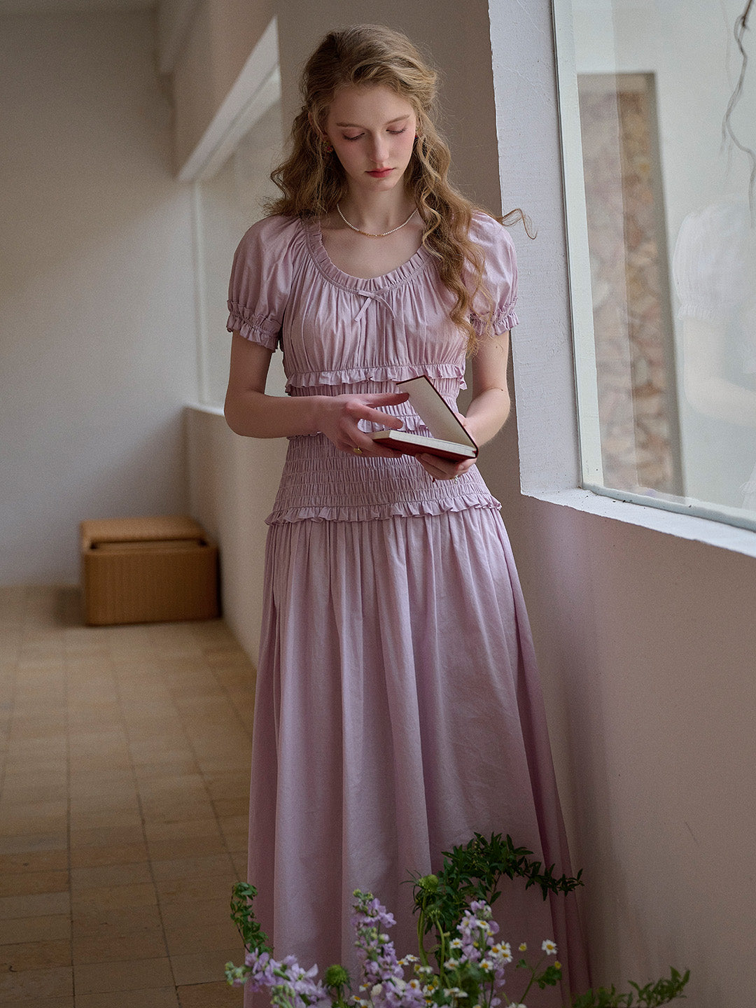 Elowen Round Neck Pleated 100% Cotton Dress - Blue
