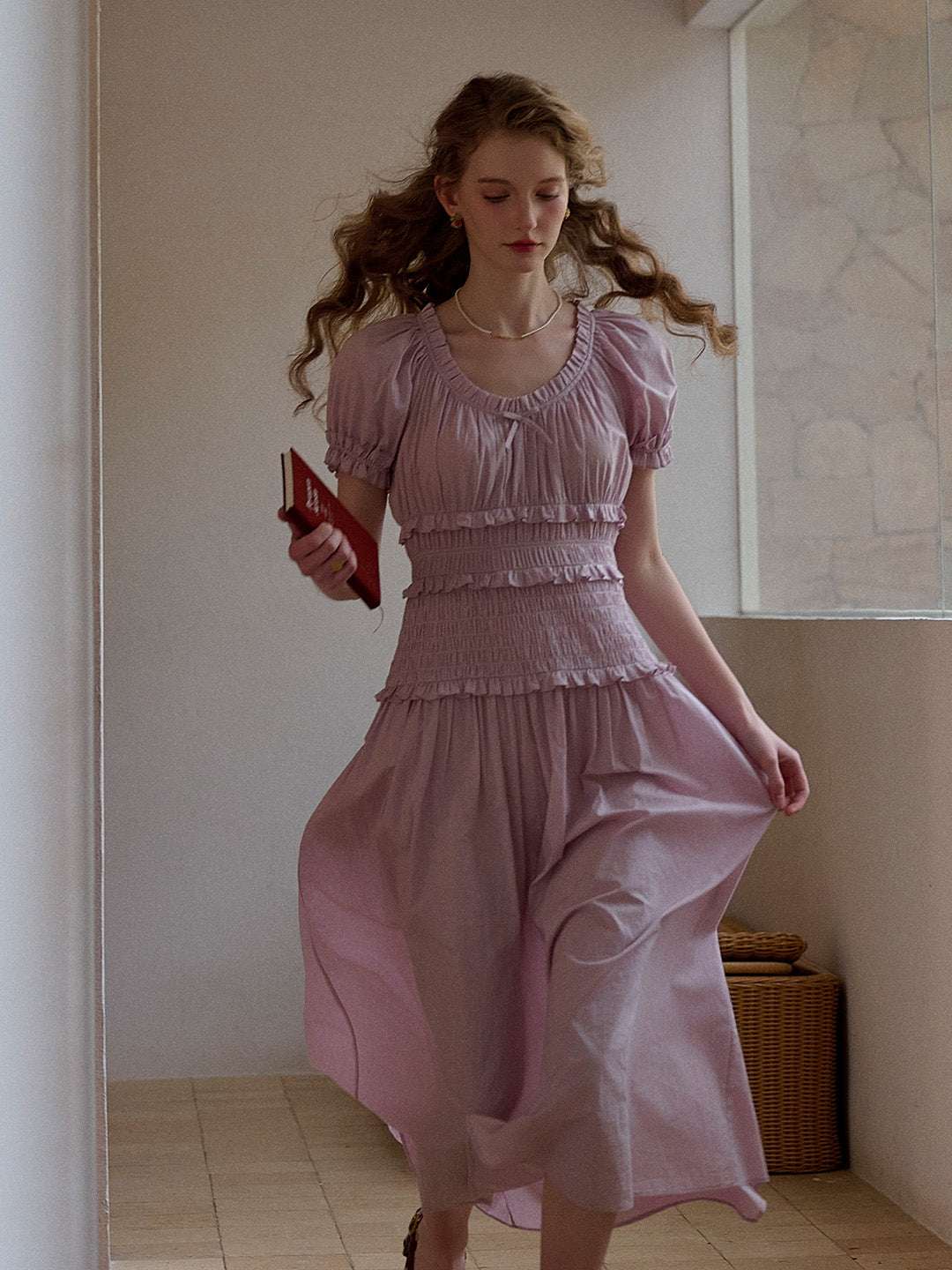 Elowen Round Neck Pleated 100% Cotton Dress - Purple