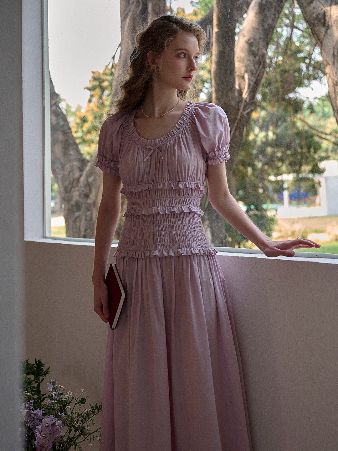 Elowen Round Neck Pleated 100% Cotton Dress - Purple