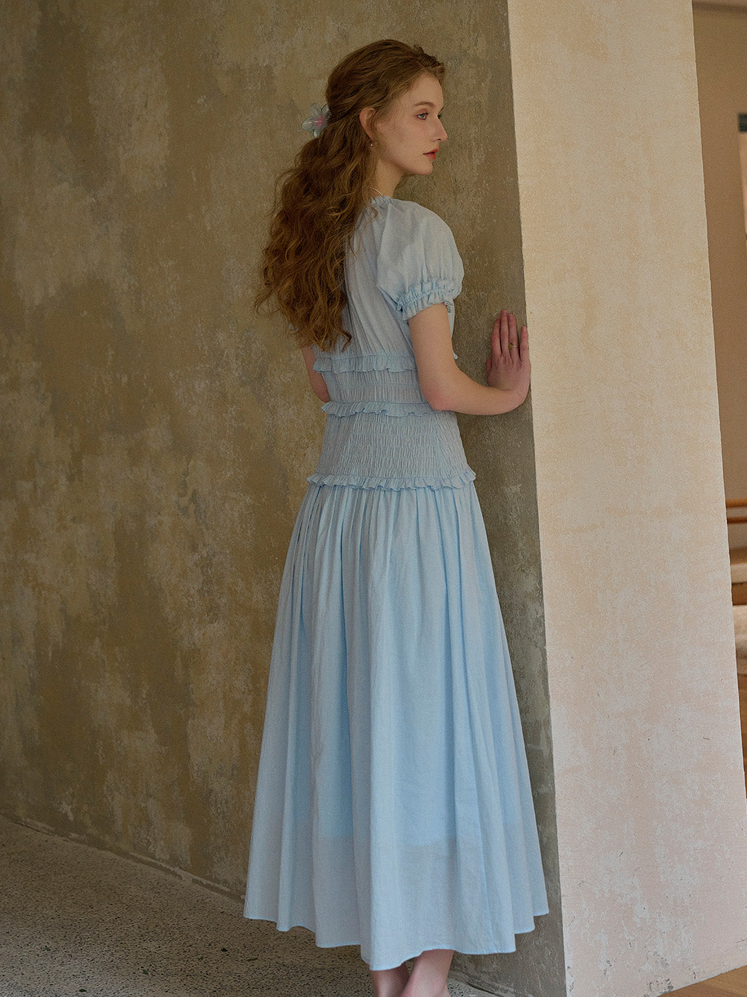 Elowen Round Neck Pleated 100% Cotton Dress - Blue
