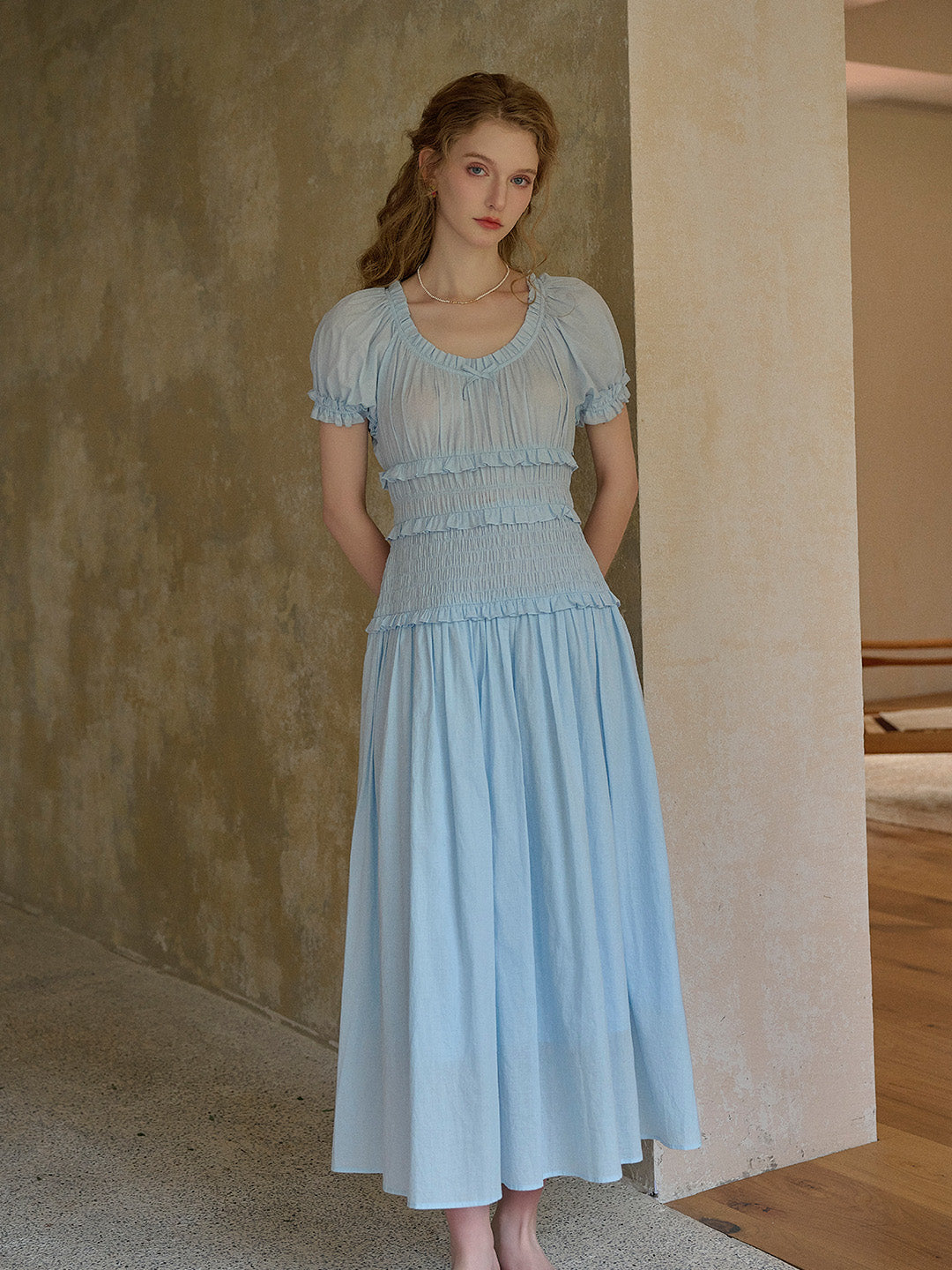 Elowen Round Neck Pleated 100% Cotton Dress - Blue