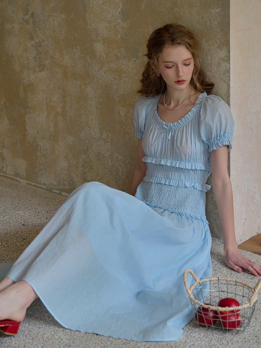 Elowen Round Neck Pleated 100% Cotton Dress - Blue