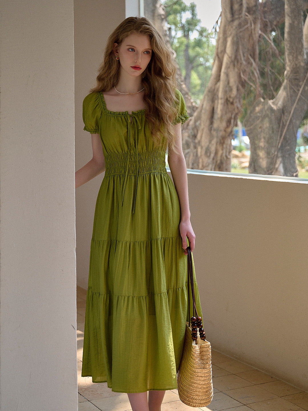 Dakota Round Neck Pleated Puff Sleeves Lyocell Dress