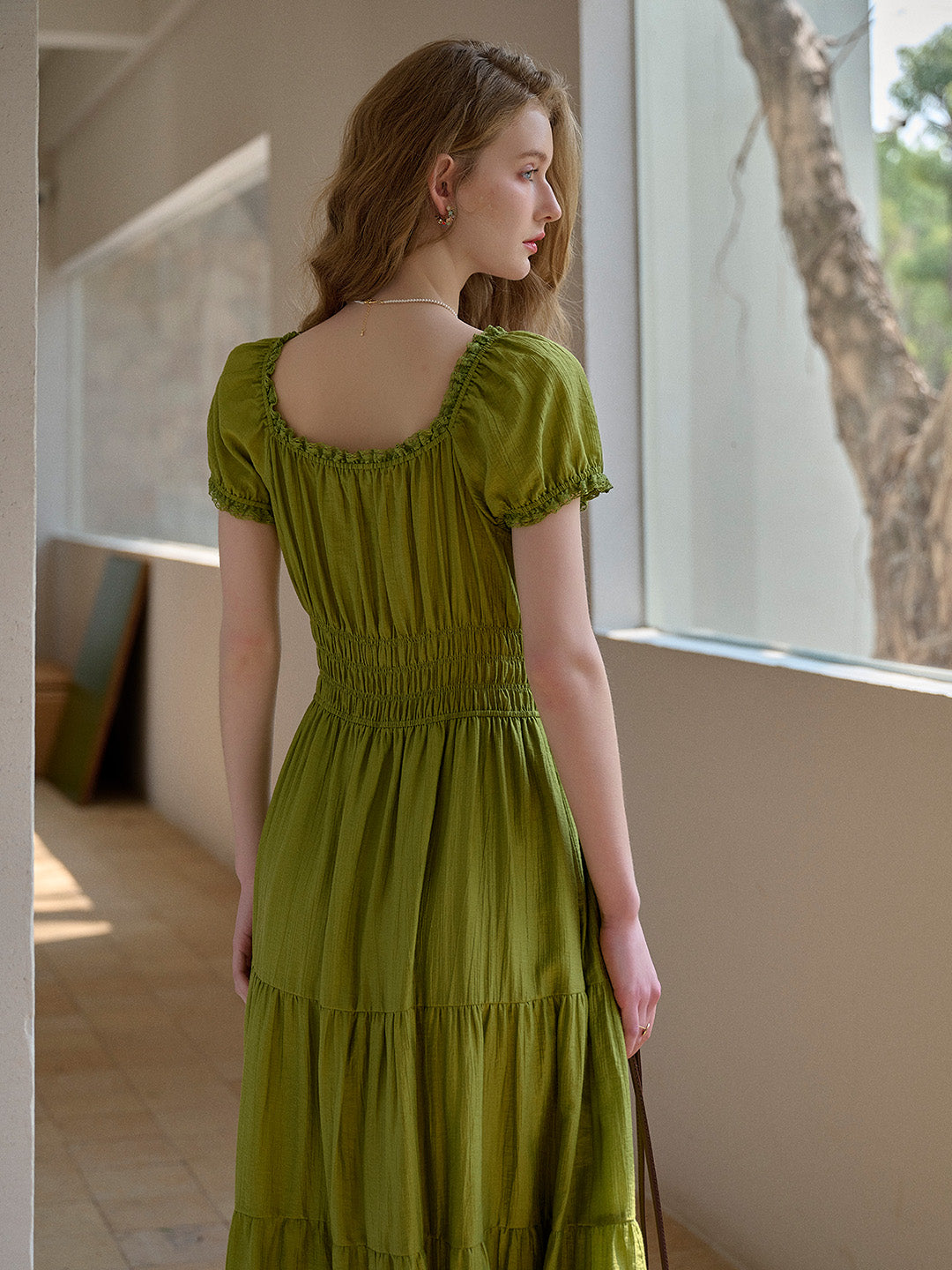 Dakota Round Neck Pleated Puff Sleeves Lyocell Dress
