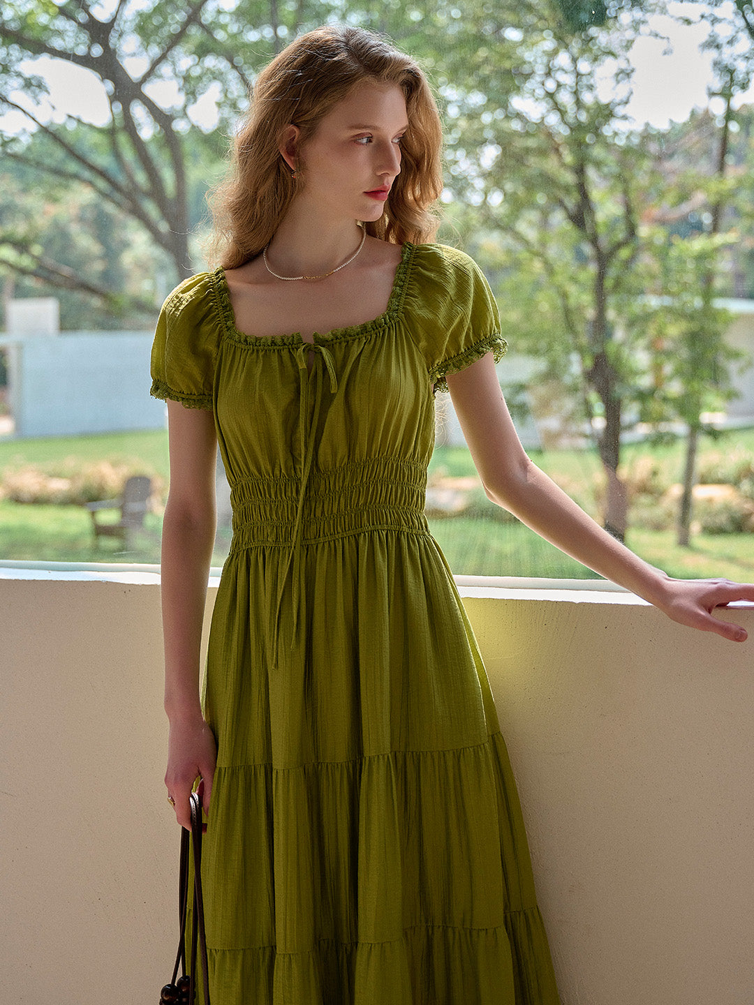 Dakota Round Neck Pleated Puff Sleeves Lyocell Dress