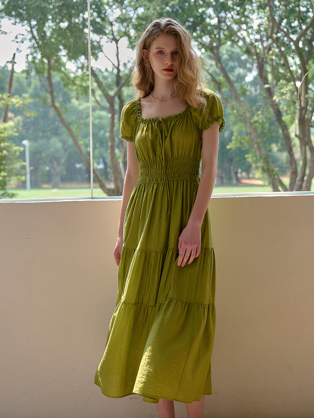 Dakota Round Neck Pleated Puff Sleeves Lyocell Dress