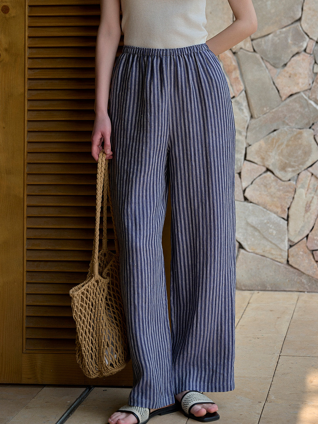 Nayeli Stripes 100% Flax Trousers - Blue