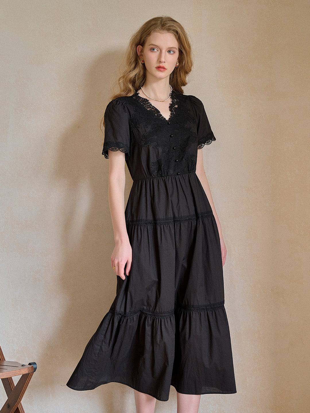 Clove V-Neck Lace Waist Cotton Dress