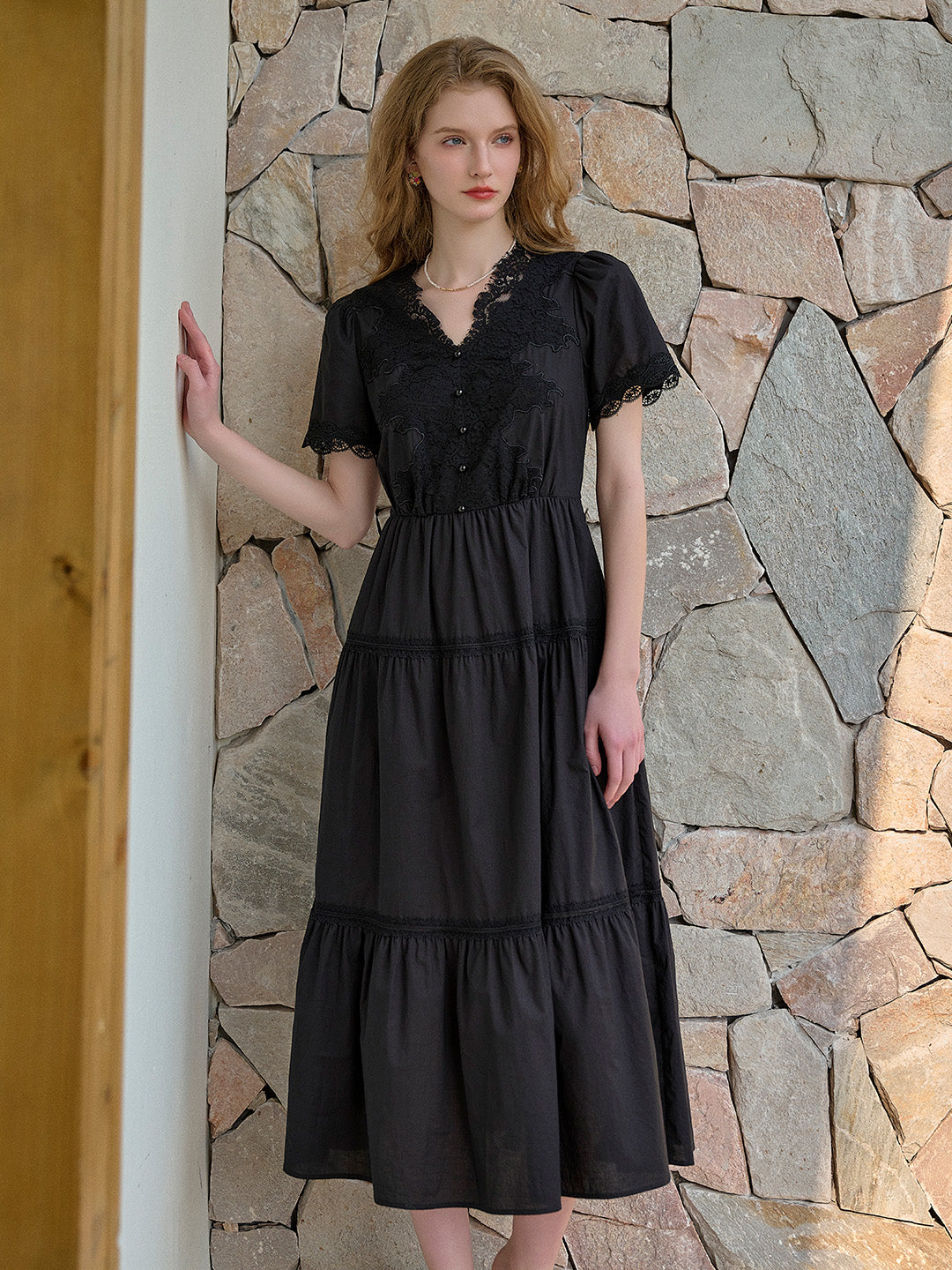 Clove V-Neck Lace Waist Cotton Dress