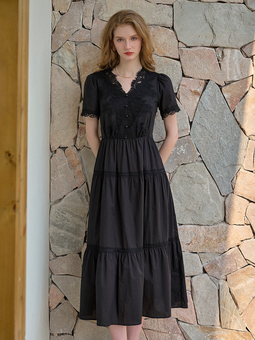 Clove V-Neck Lace Waist Cotton Dress