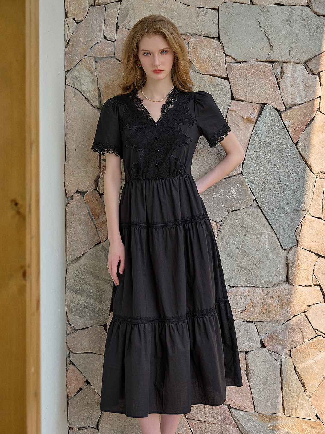 Clove V-Neck Lace Waist Cotton Dress