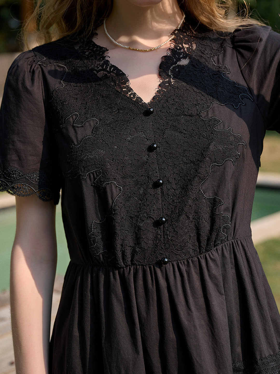 Clove V-Neck Lace Waist Cotton Dress