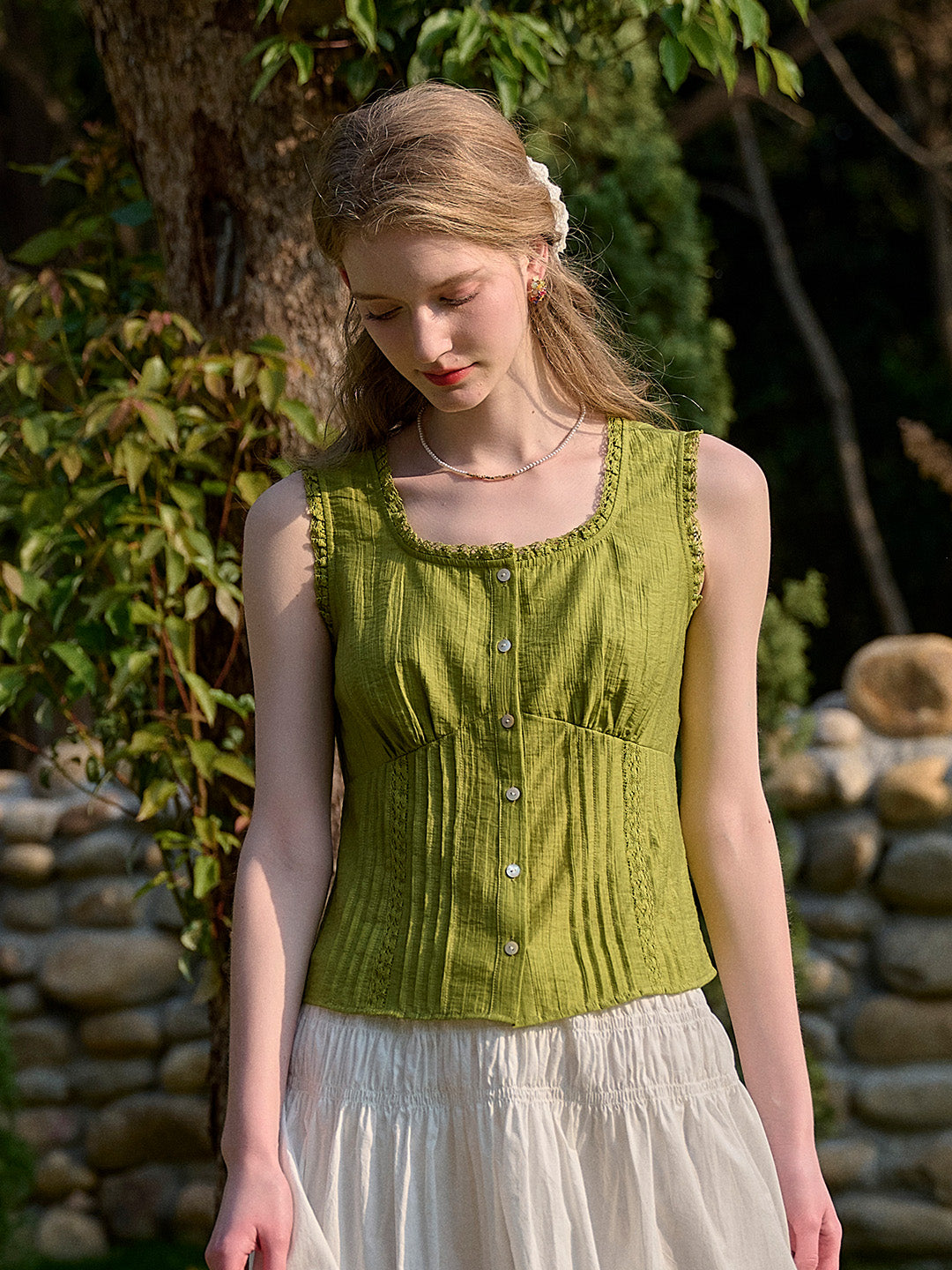 Vivienne Round Neck Waist Lace Lyocell Top