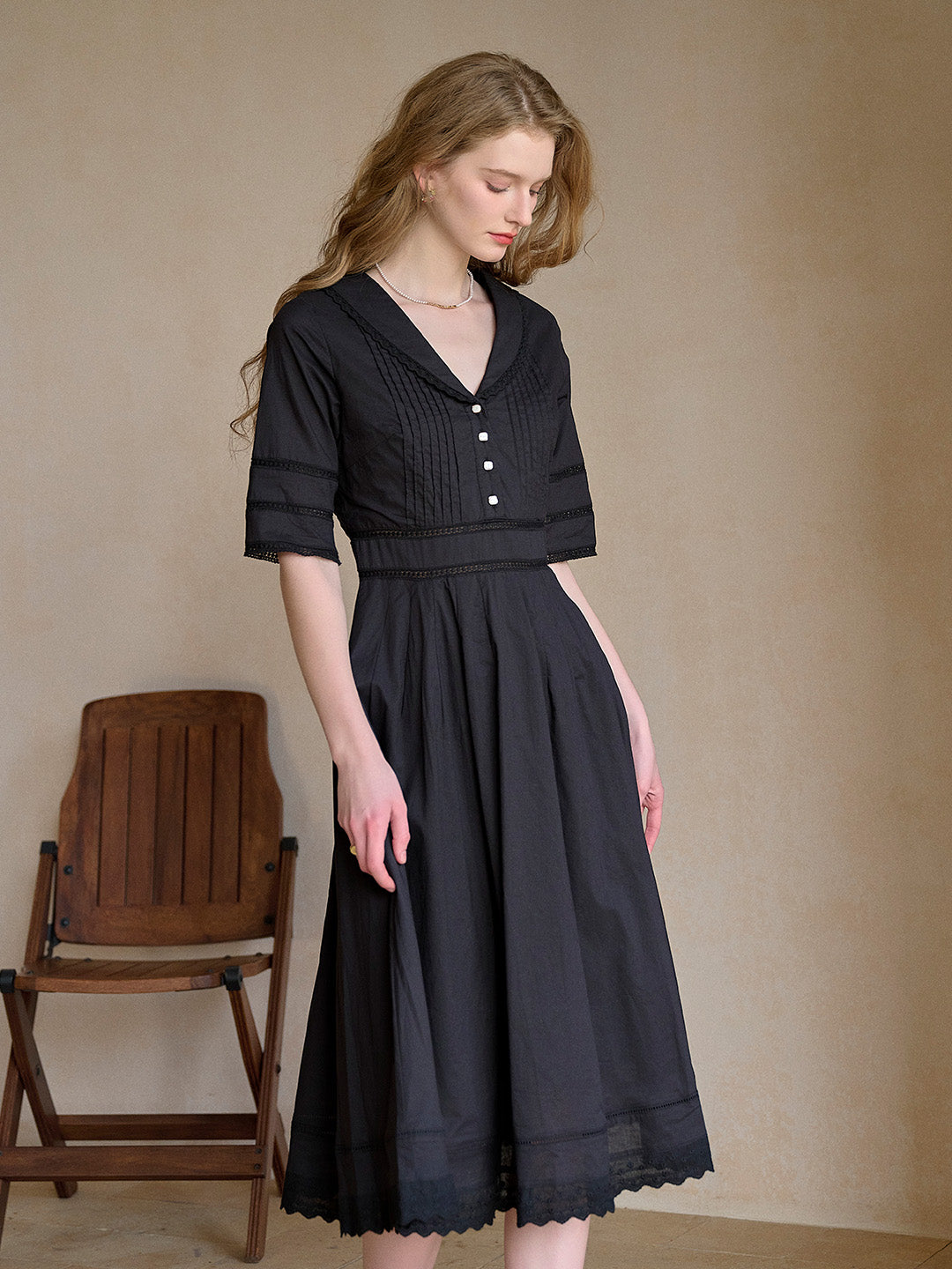 Fiona 100% Cotton Black Midi Dress