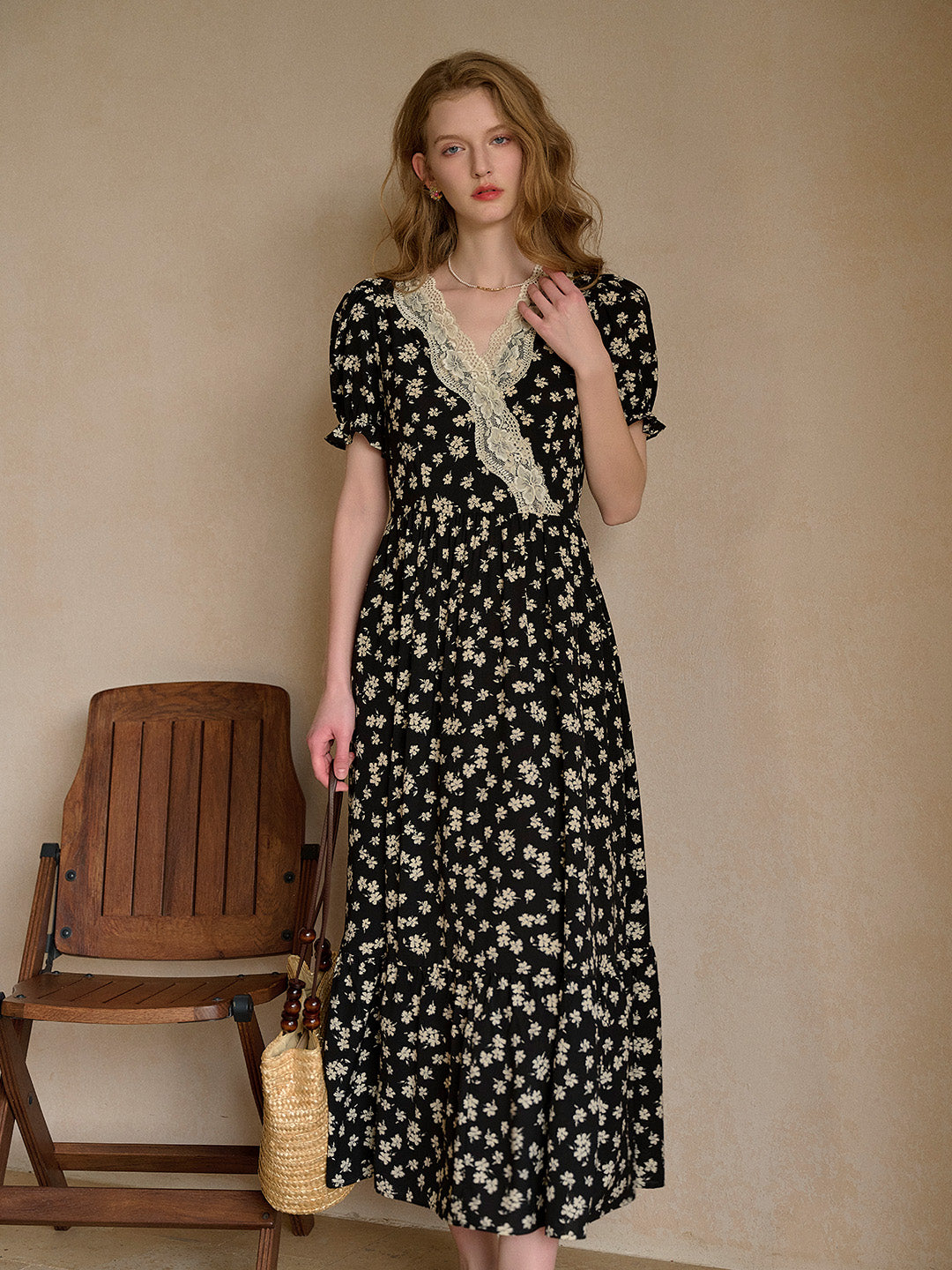 Lilith Ruffle V-Neck Lace Floral Dress