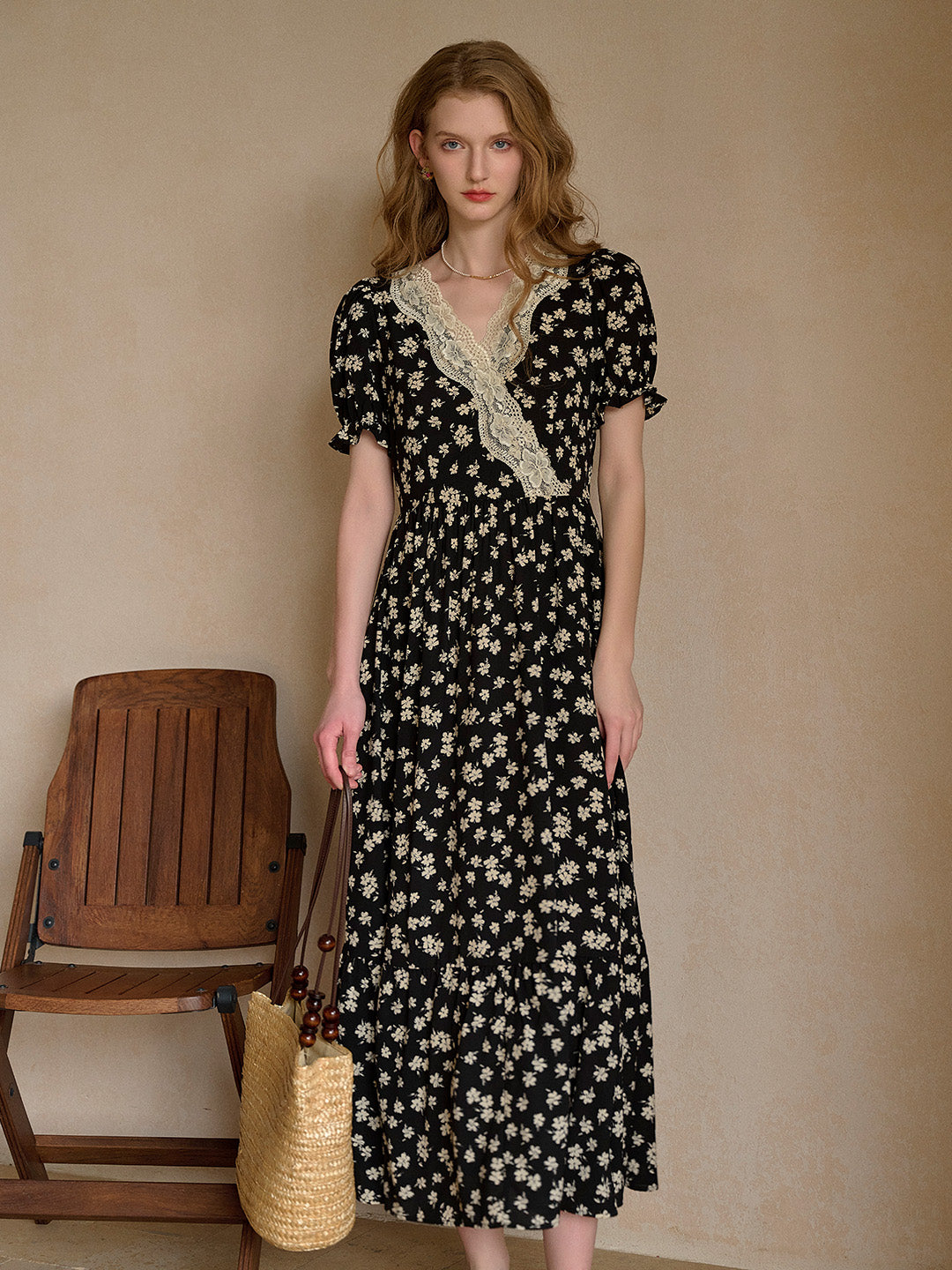Lilith Ruffle V-Neck Lace Floral Dress