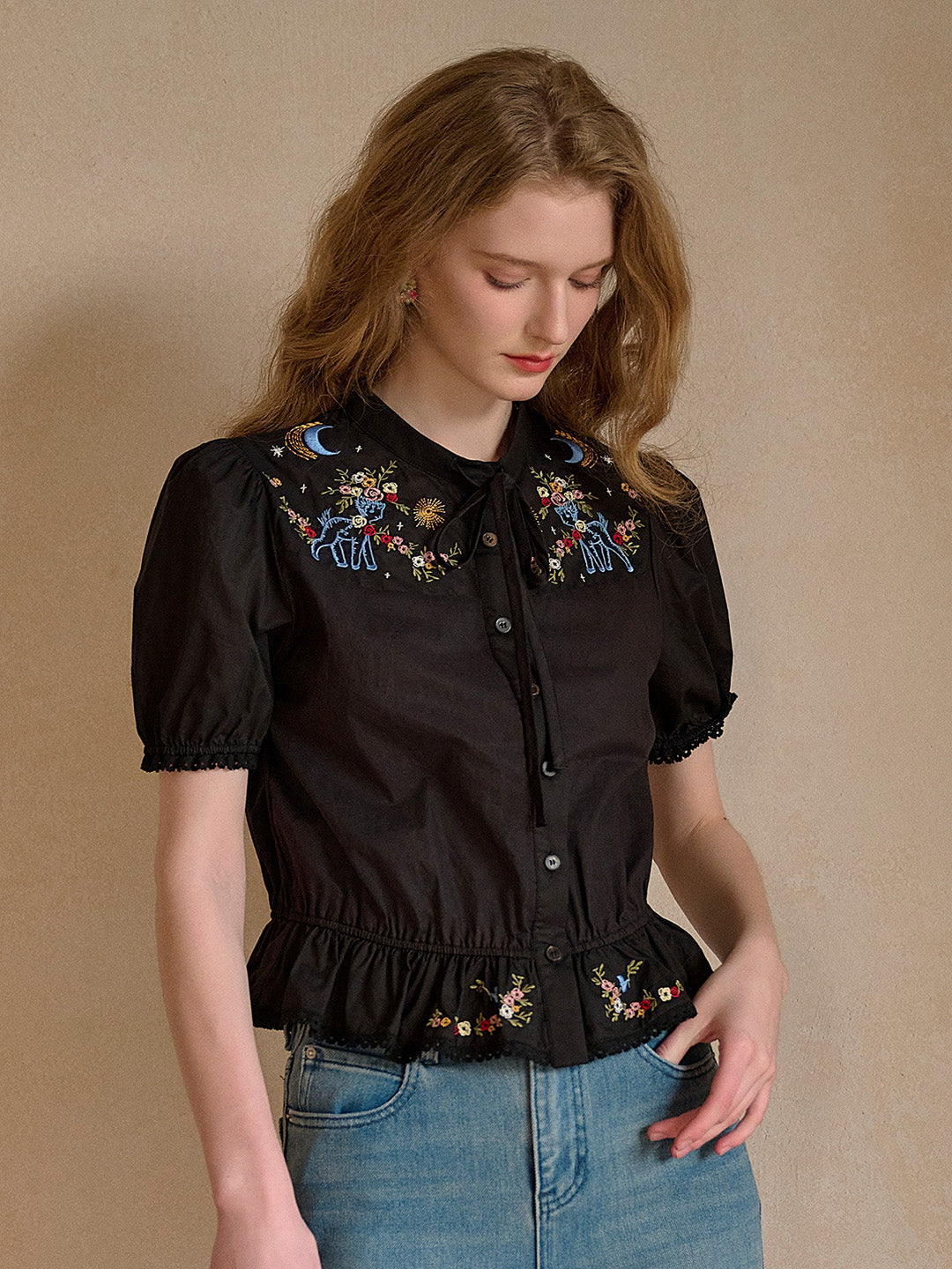 Nova Round Neck Tie Embroidery 100% Cotton Blouse