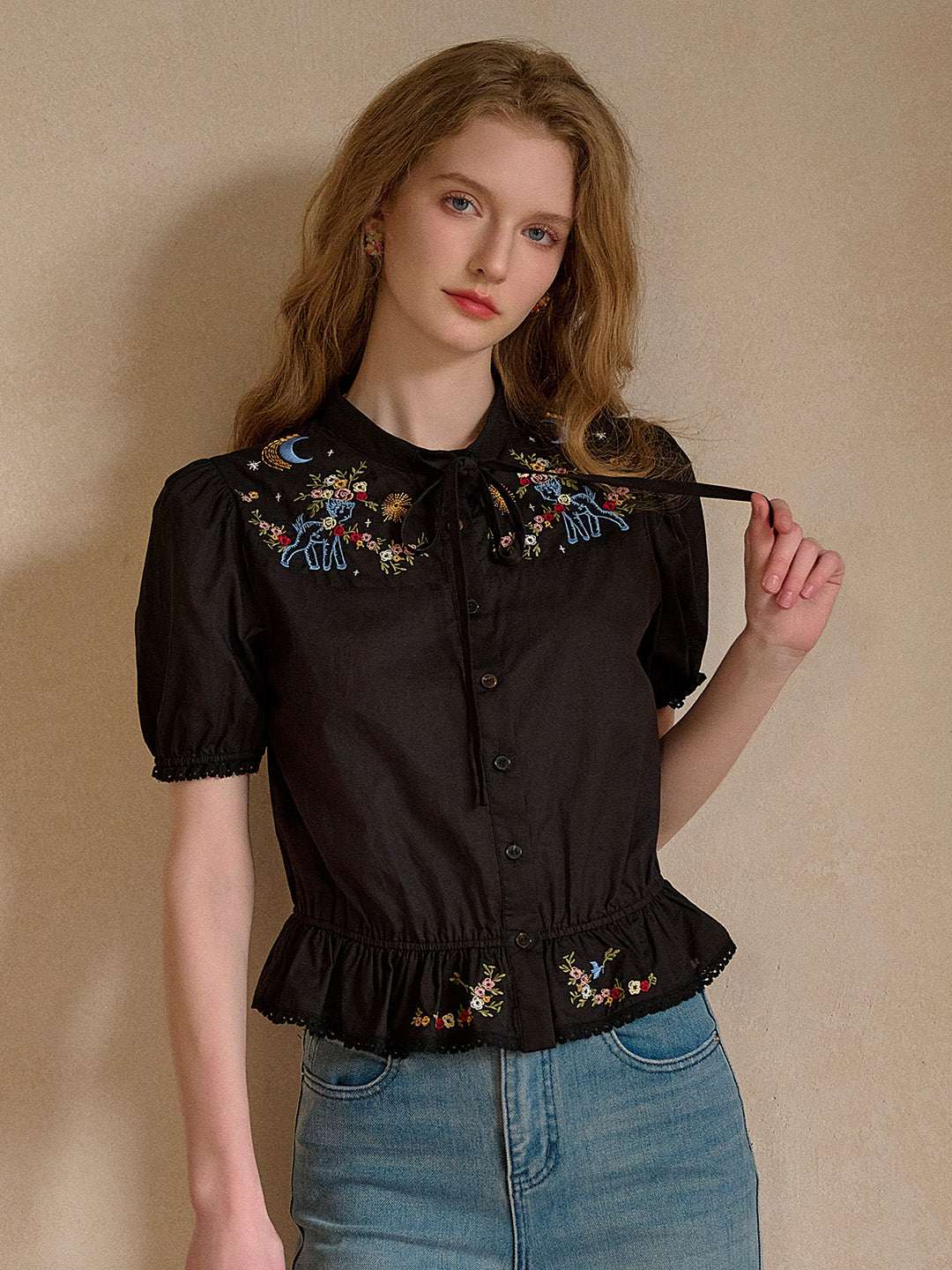 Nova Round Neck Tie Embroidery 100% Cotton Blouse