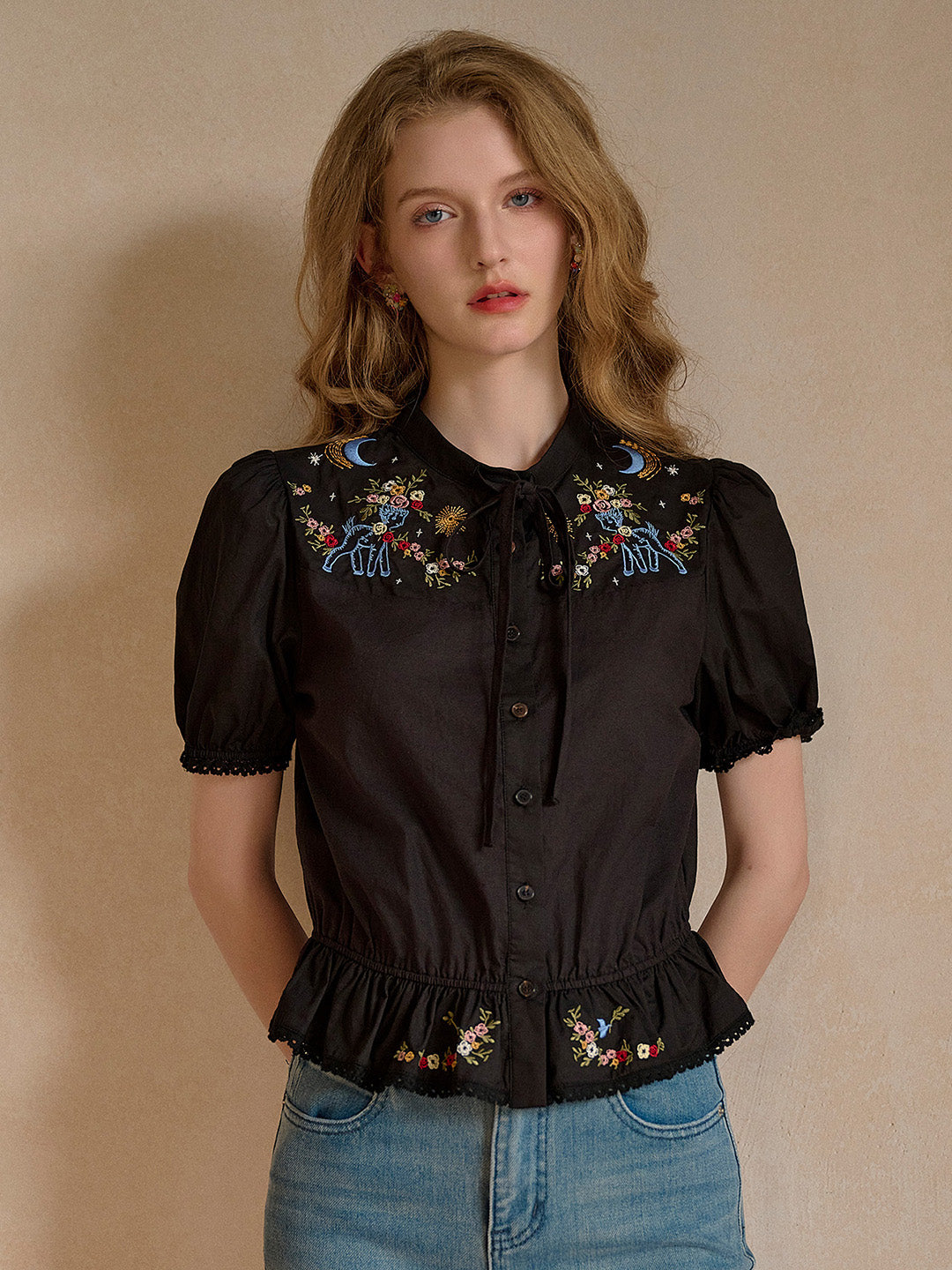 Nova Round Neck Tie Embroidery 100% Cotton Blouse
