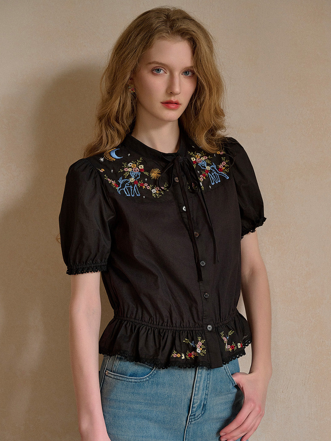 Nova Round Neck Tie Embroidery 100% Cotton Blouse