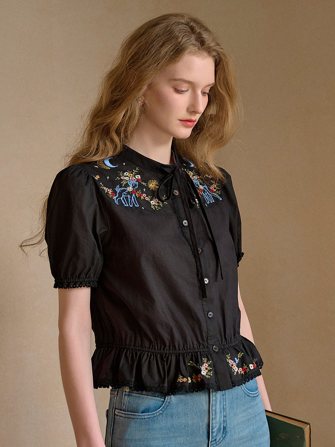 Nova Round Neck Tie Embroidery 100% Cotton Blouse